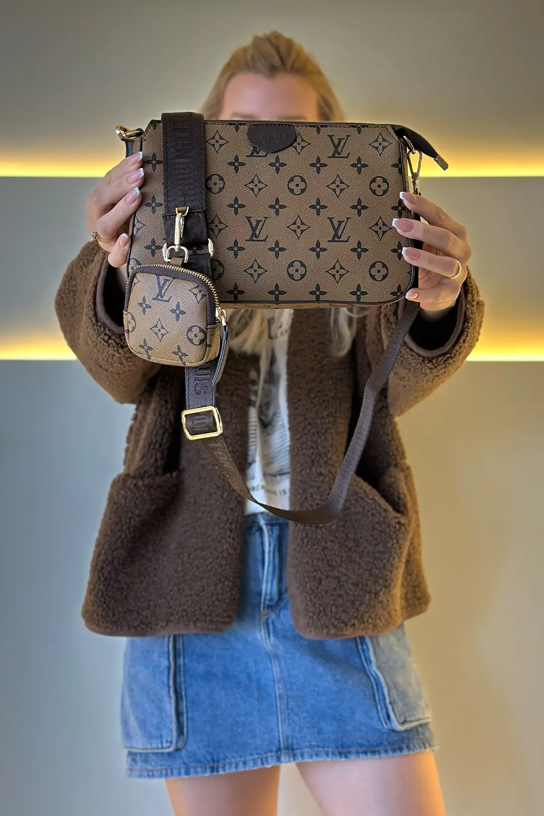 LV - Big Pochette Açık Kahve Dama Detay Çanta
