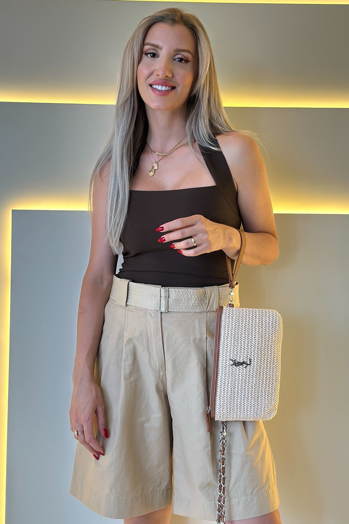 Yves Sl - Clutch Beyaz Gümüş Zincir Gümüş Logo Kahve Detay
