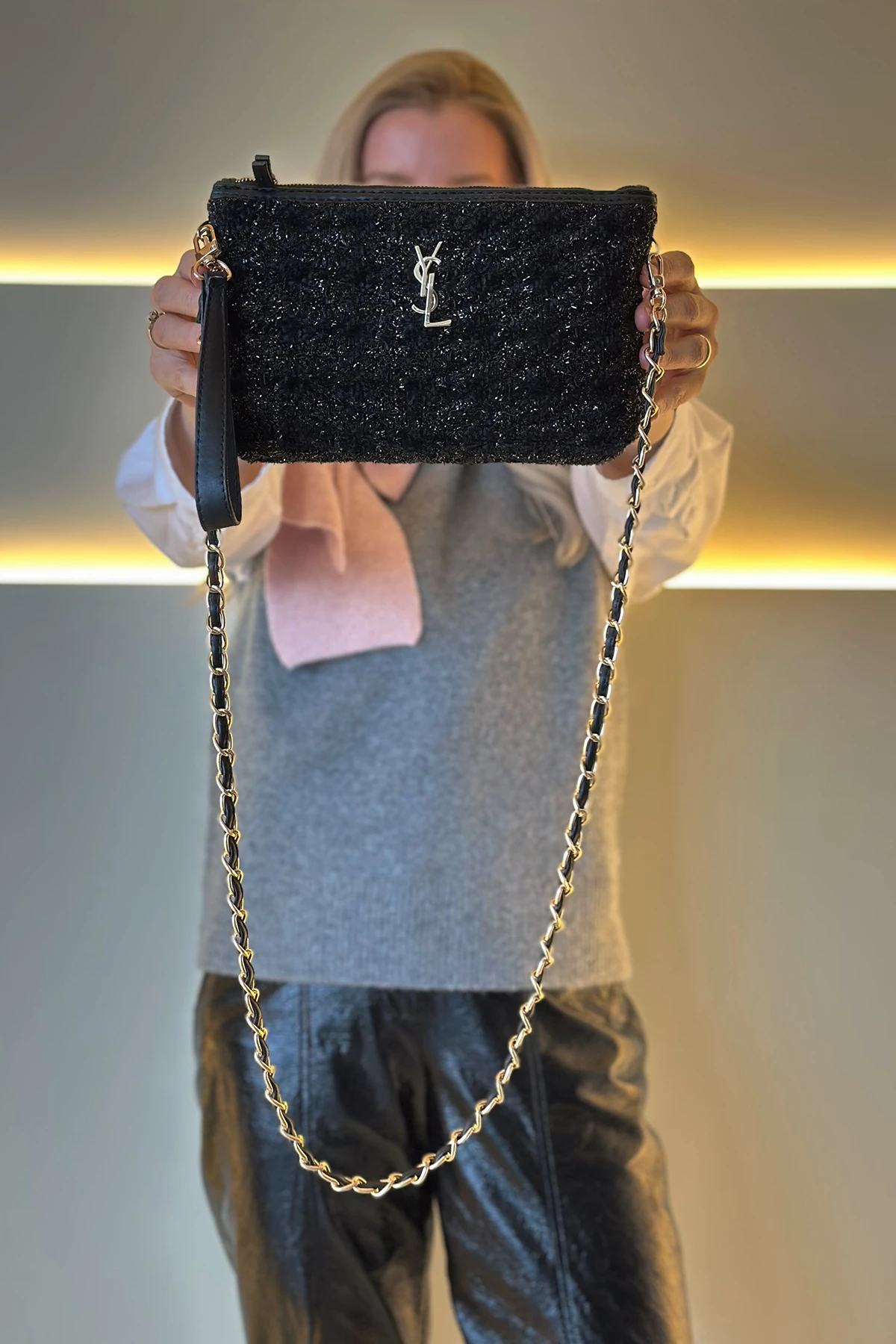 YSL - Clutch Dokuma Siyah Çanta