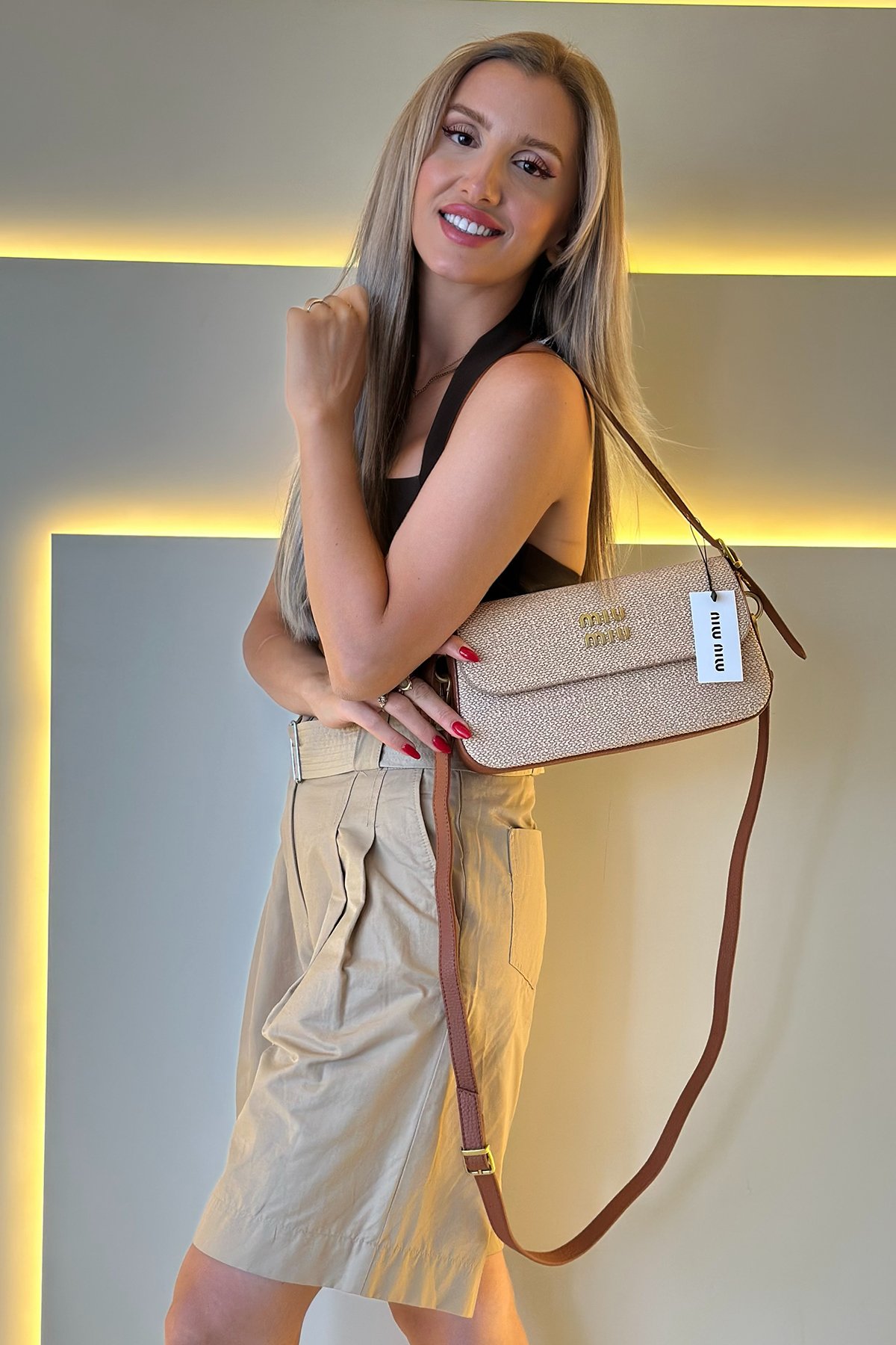 Miu Mi - Baggy Krem Gold Logo Kahve Askı Detay