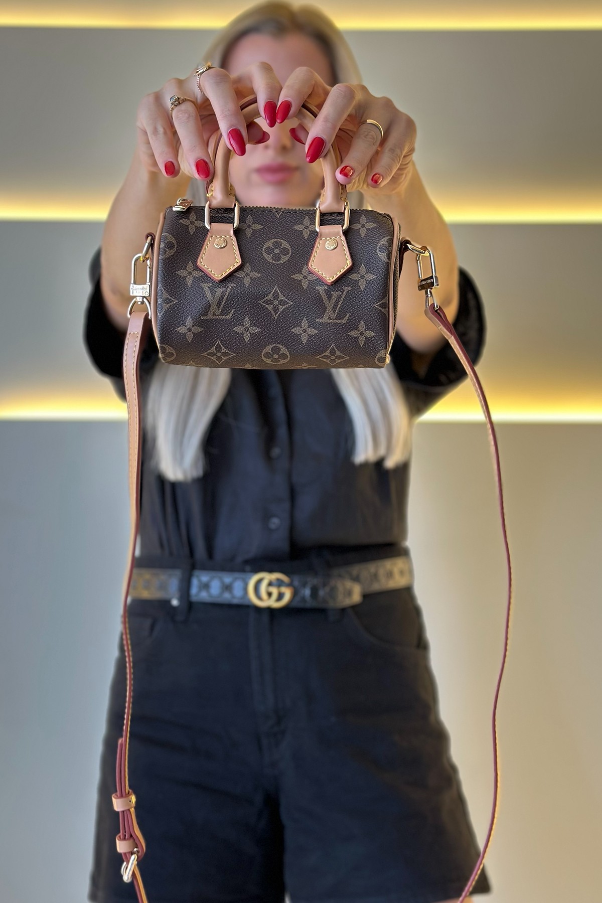 Lv - Mini Speedy Kahve Deri Siyah Dama Bej Askı Detay