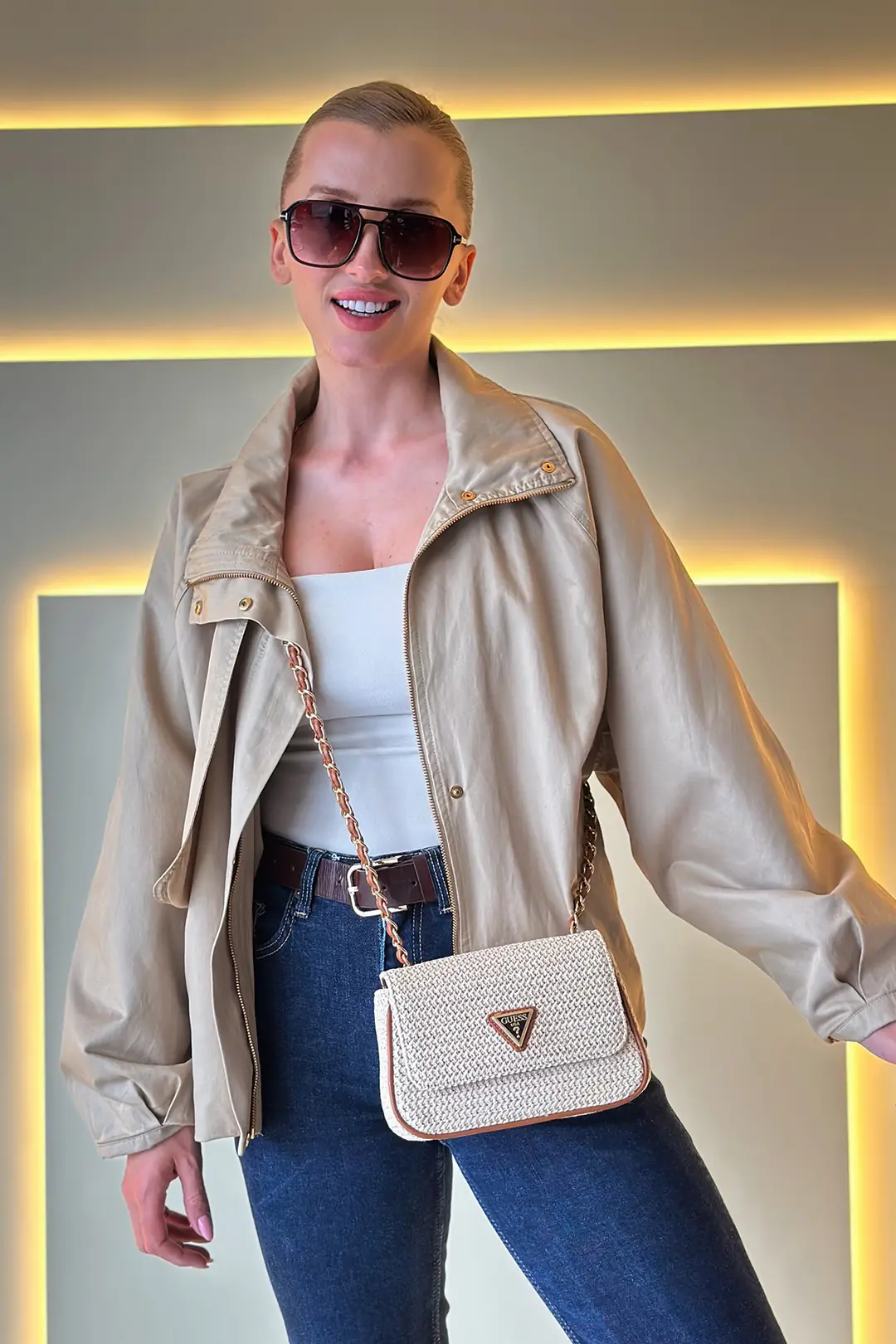GSS - Rhinestone Beyaz Taba Çanta