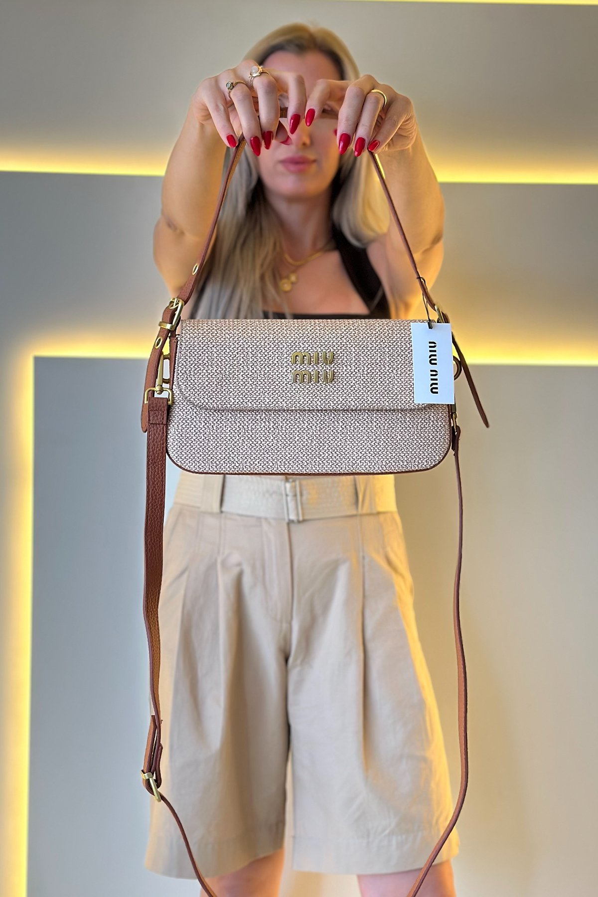 Miu Mi - Baggy Krem Gold Logo Kahve Askı Detay