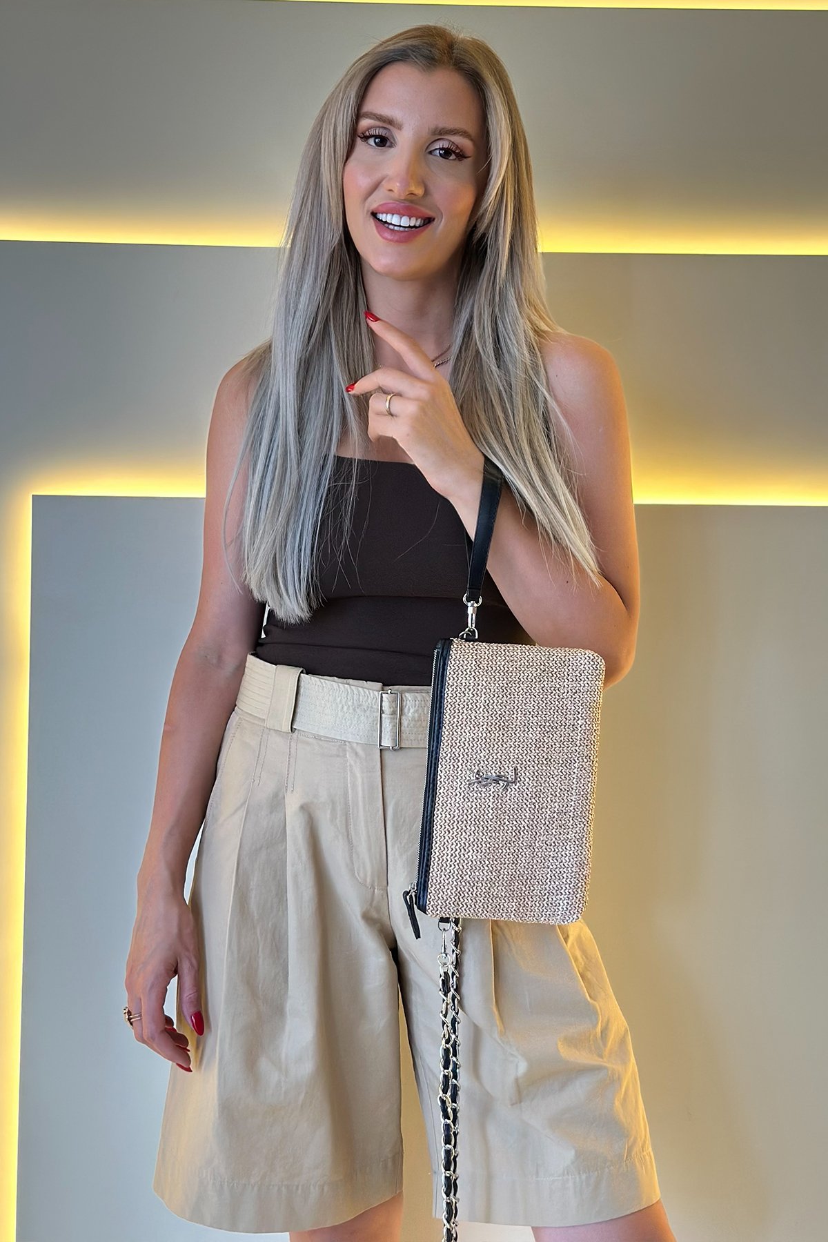 Yves Sl - Hasır Clutch Krem Gümüş Zincir Gold Logo