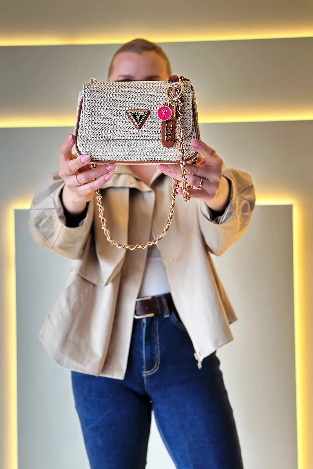 GSS - Rhinestone Beyaz Taba Çanta