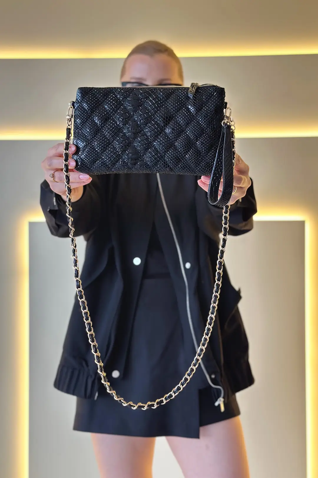 GSS - Zalina Clutch Siyah Yılan Derisi Çanta