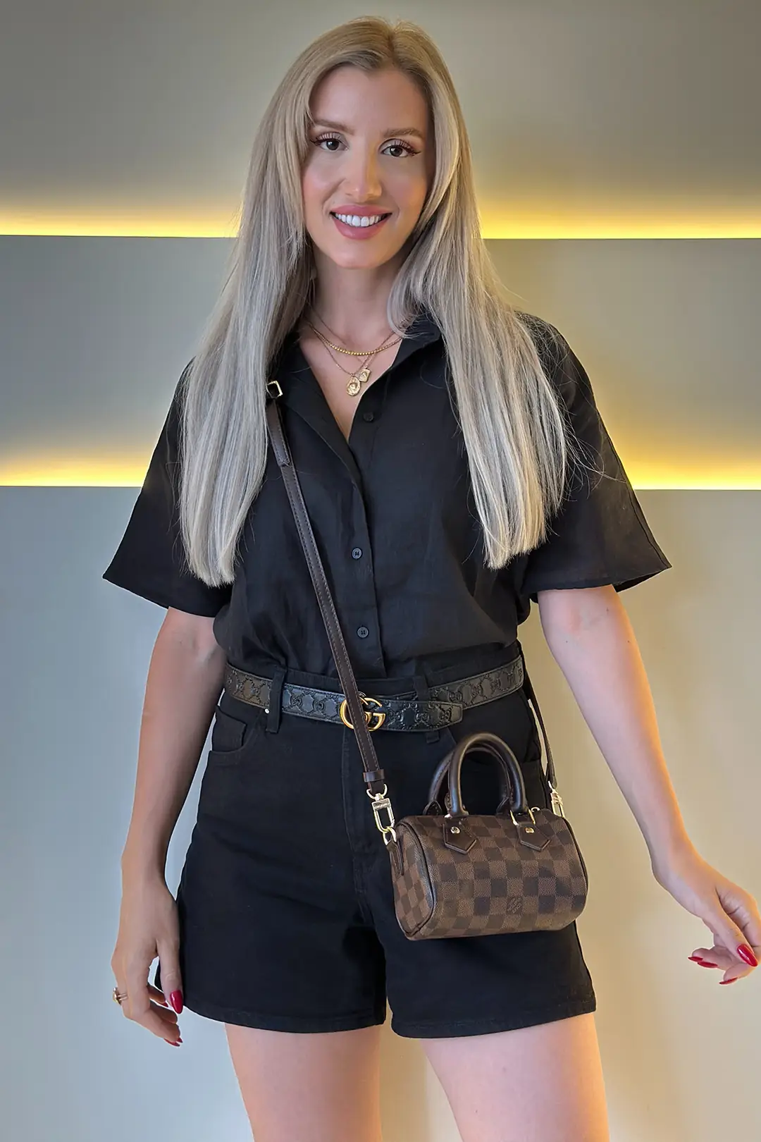 Lv - Mini Speedy Kahve Deri Siyah Dama Detay