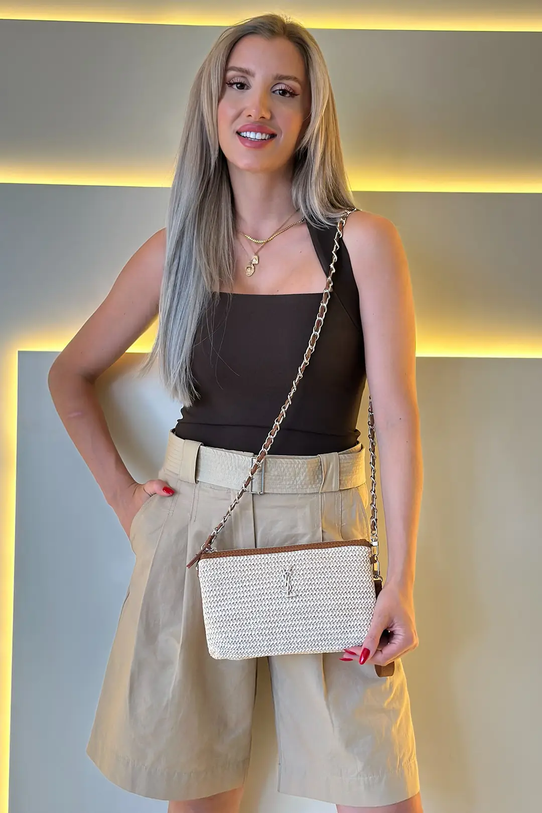 Yves Sl - Hasır Clutch Beyaz Gümüş Zincir Gümüş Logo Kahve Detay