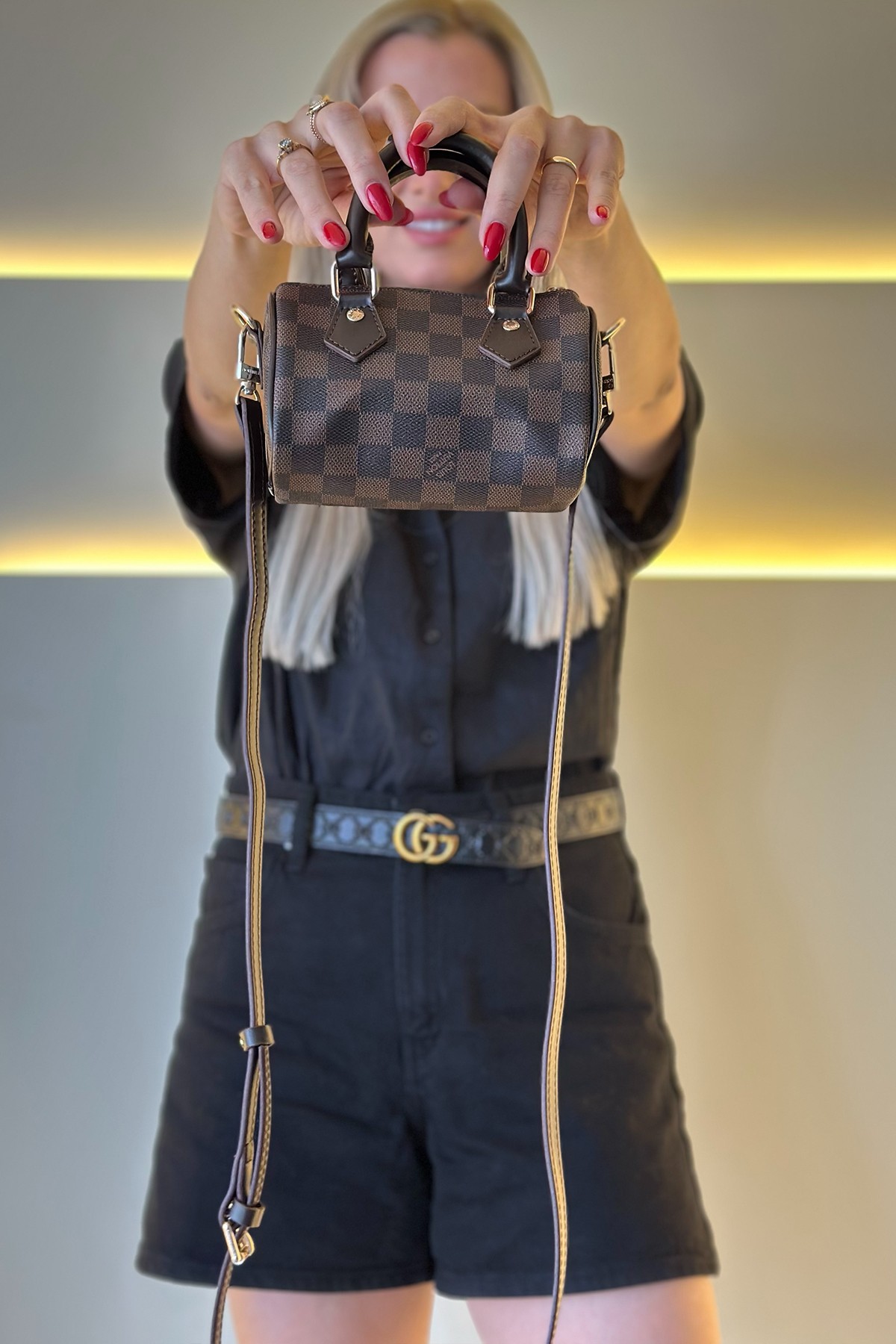 Lv - Mini Speedy Kahve Deri Siyah Dama Detay