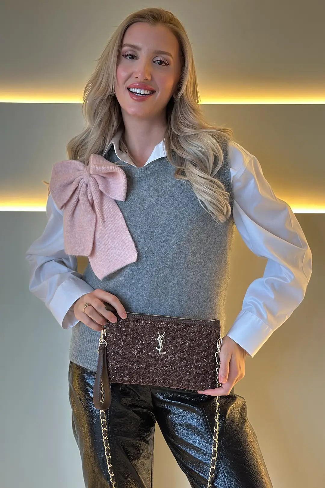 YSL - Clutch Dokuma Kahve Çanta