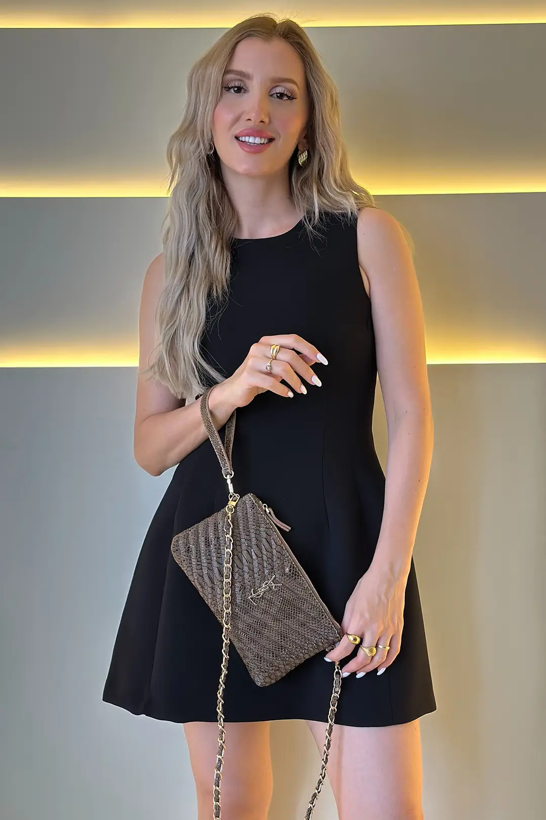 Yves SL - Mini Clutch Kahve Deri Detay