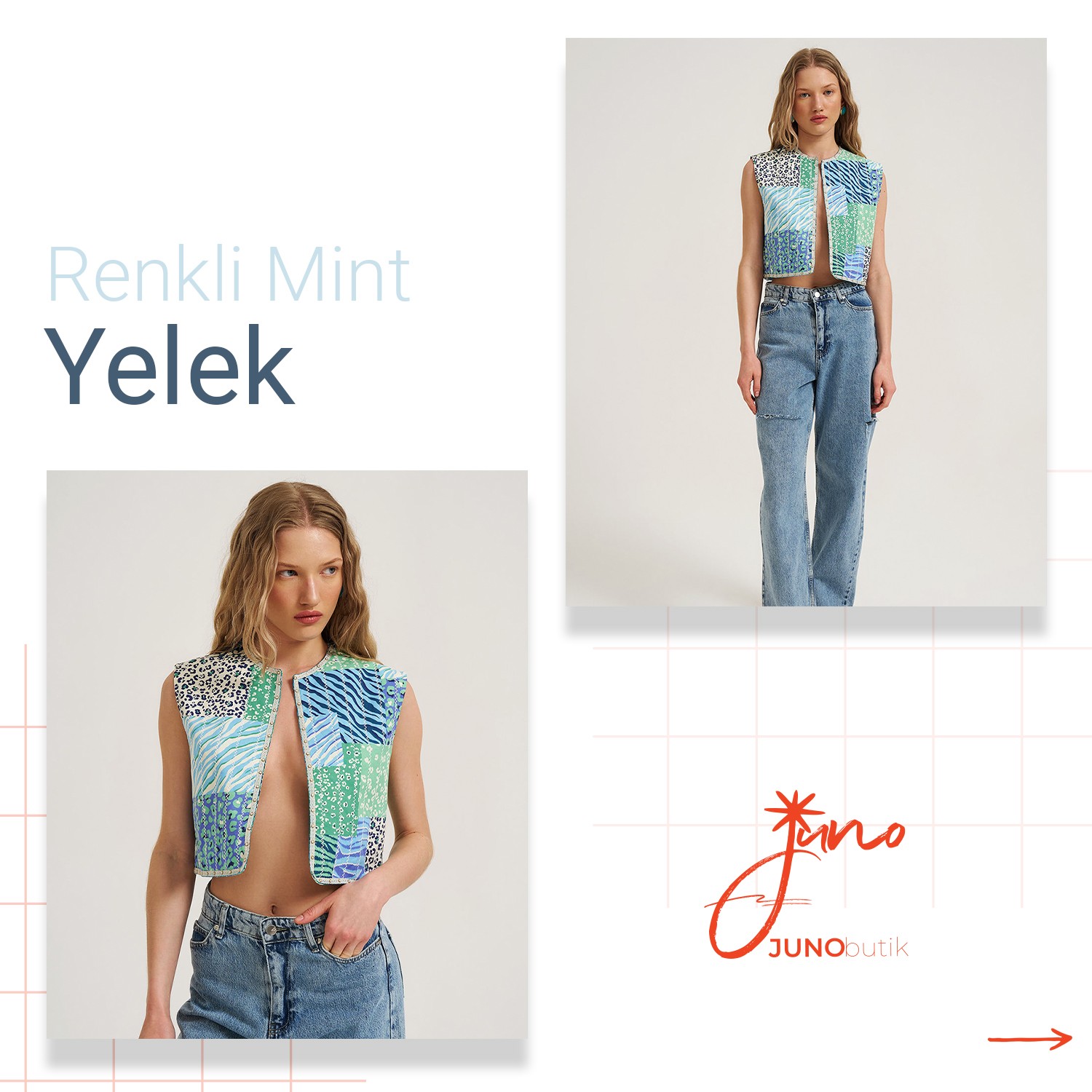 Desenli Boncuklu Patchwork Mint Yelek