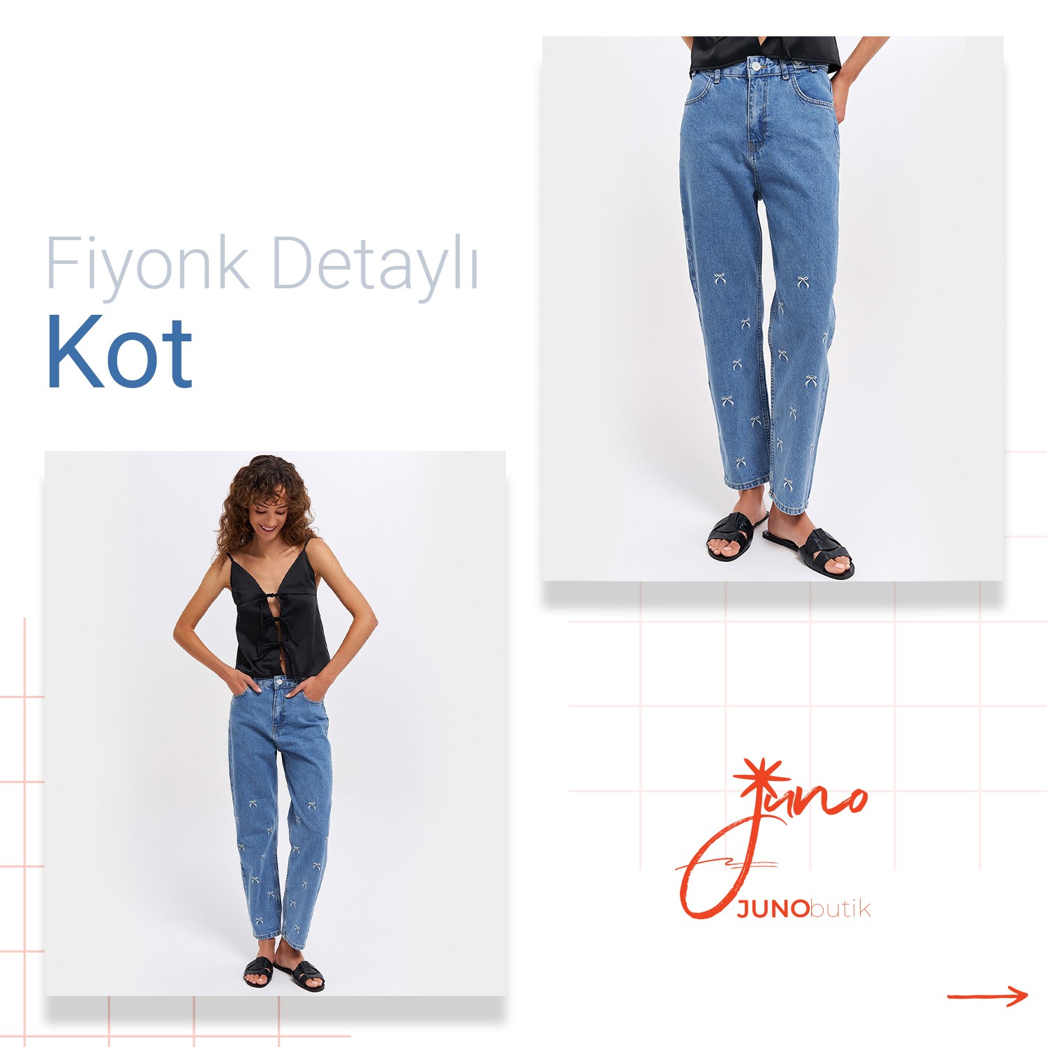 Fiyonk Nakış Detaylı Kot Pantolon