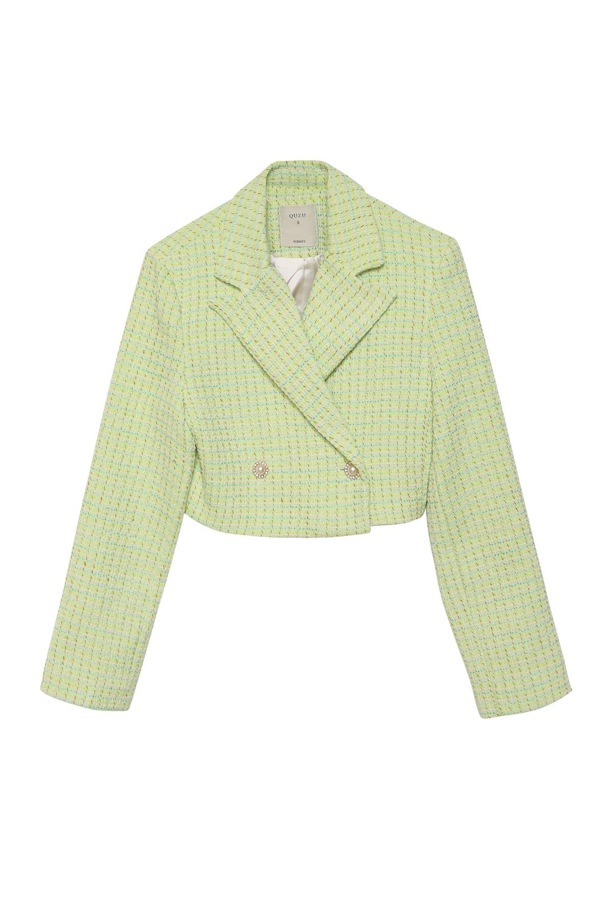 İnci Düğmeli Tüvit Crop Blazer Yeşil Ceket