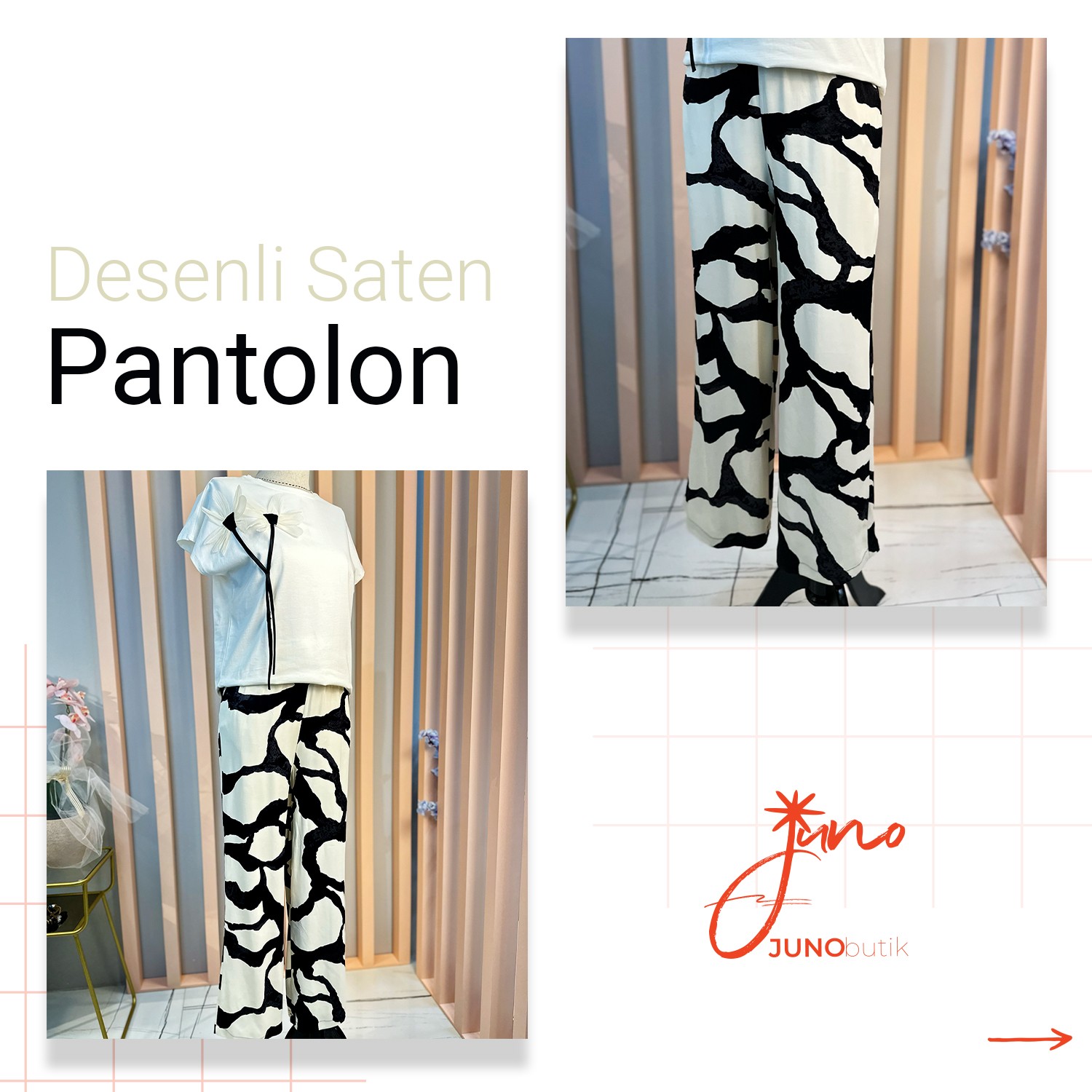 Beli Lastikli, Bağcık Detaylı, Karışık Desenli Saten Pantolon