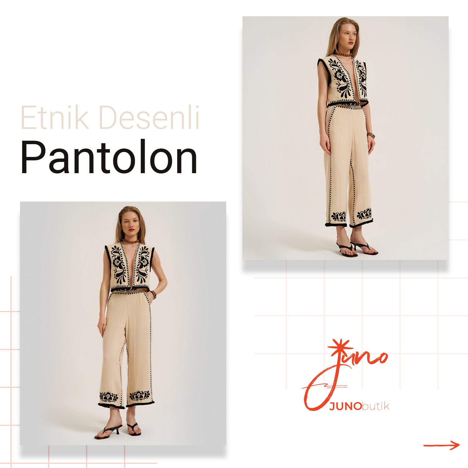 Püskül Detaylı Nakışlı Etnik Desenli Bej Pantolon