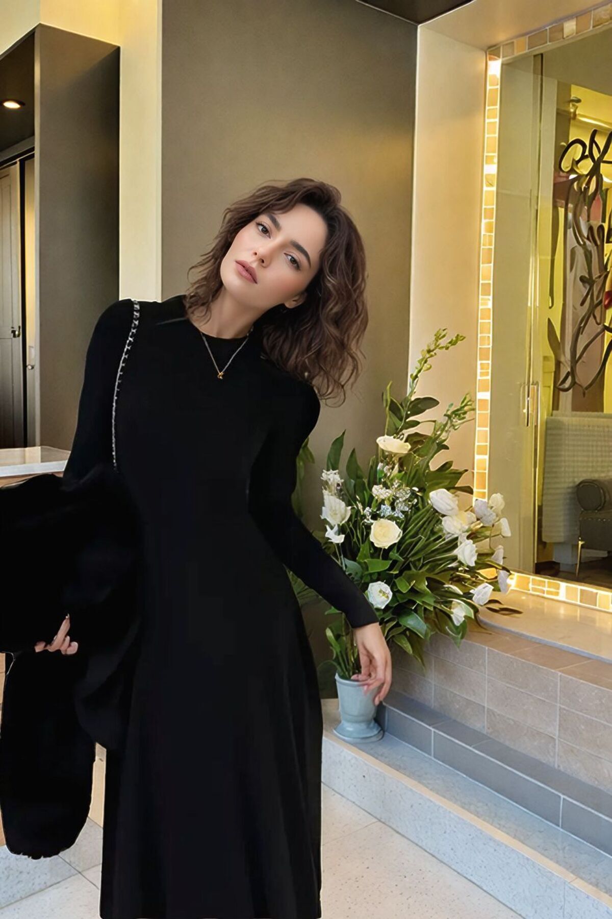 Uzun kollu Likralı Vücudu Saran A kesim Siyah Kadın Elbise, Maxi Elbise