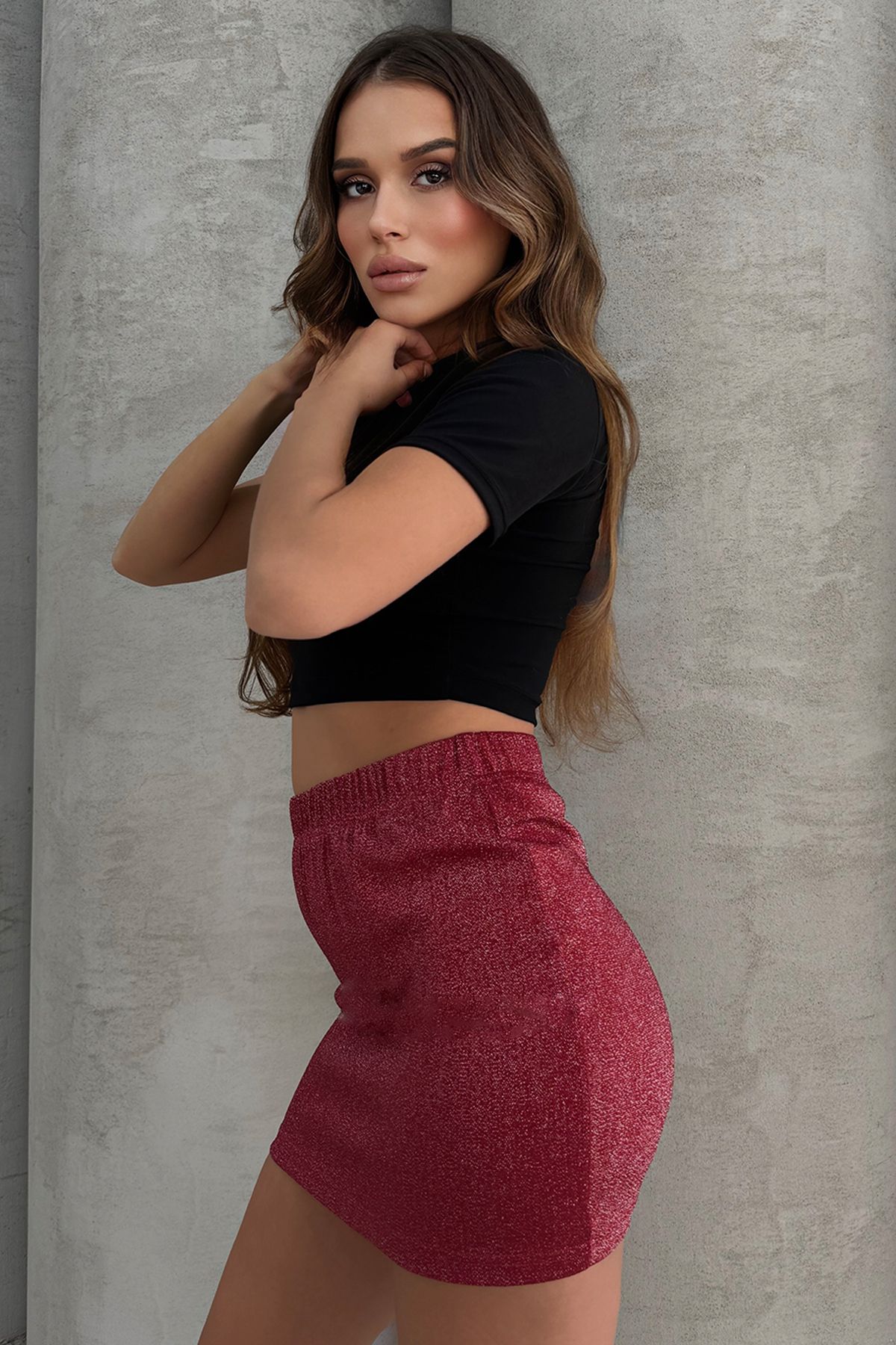 Yüksel Bel Simli Mini Kalem Etek