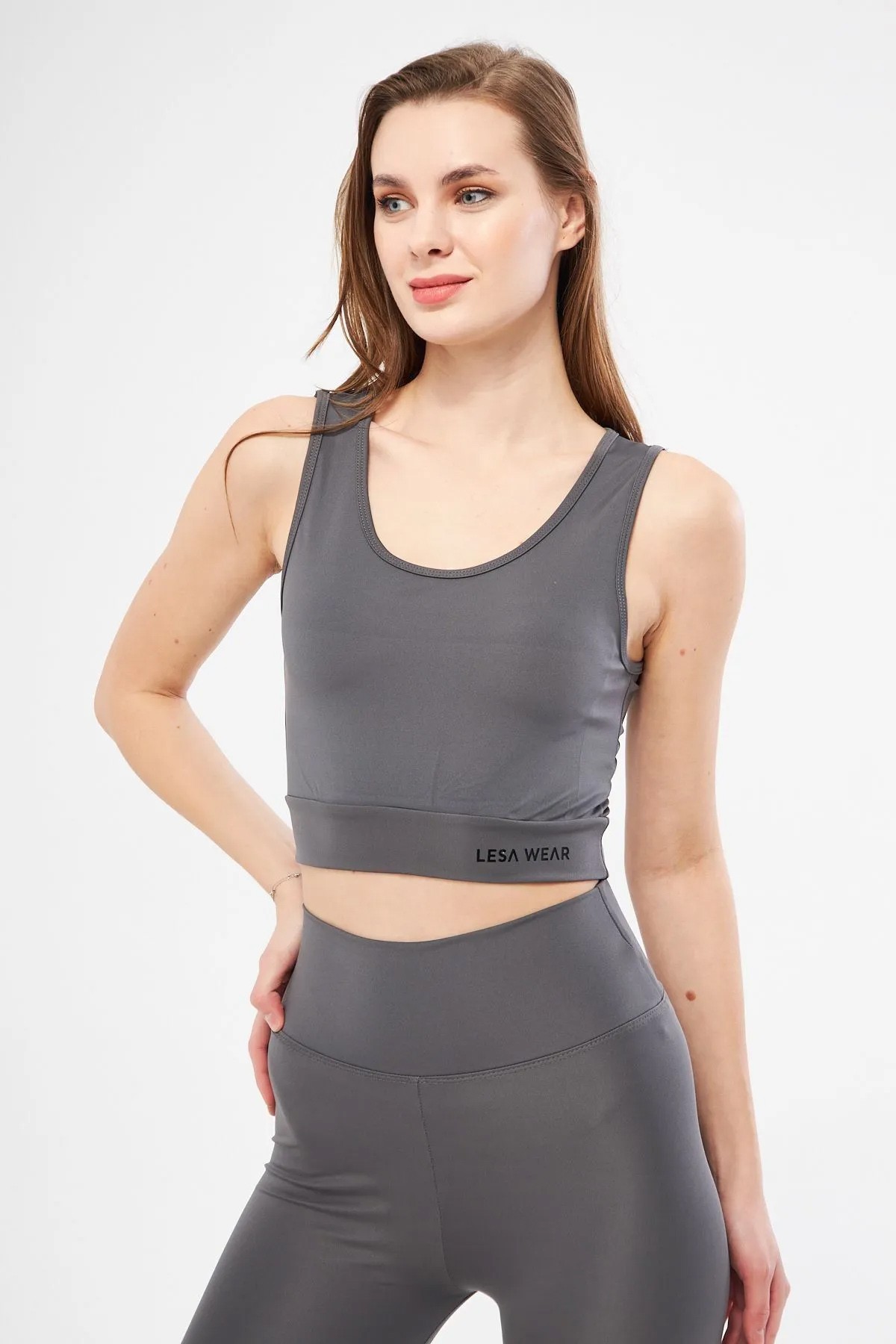 Halter Yaka Spor Sütyeni Crop Top - antrasit-füme