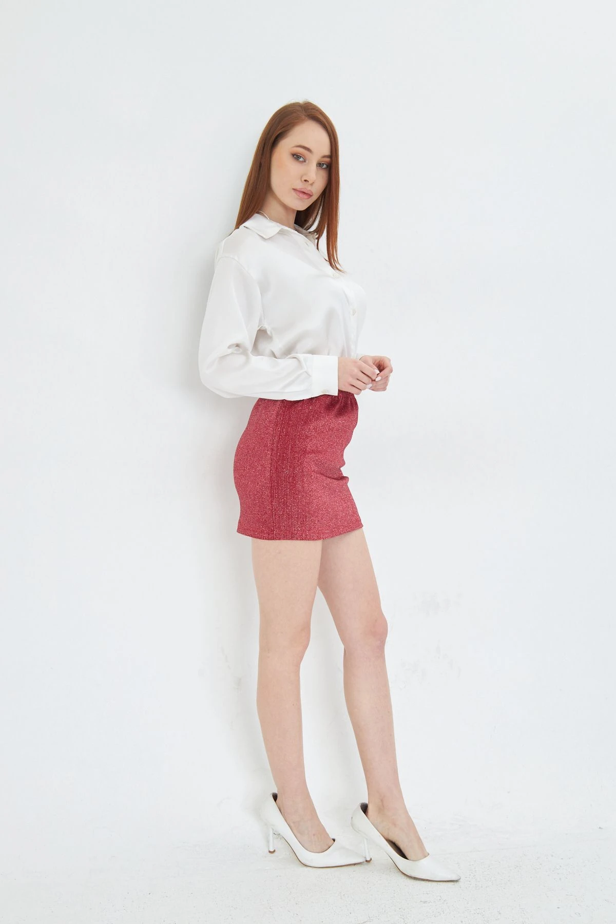 Yüksel Bel Simli Mini Kalem Etek