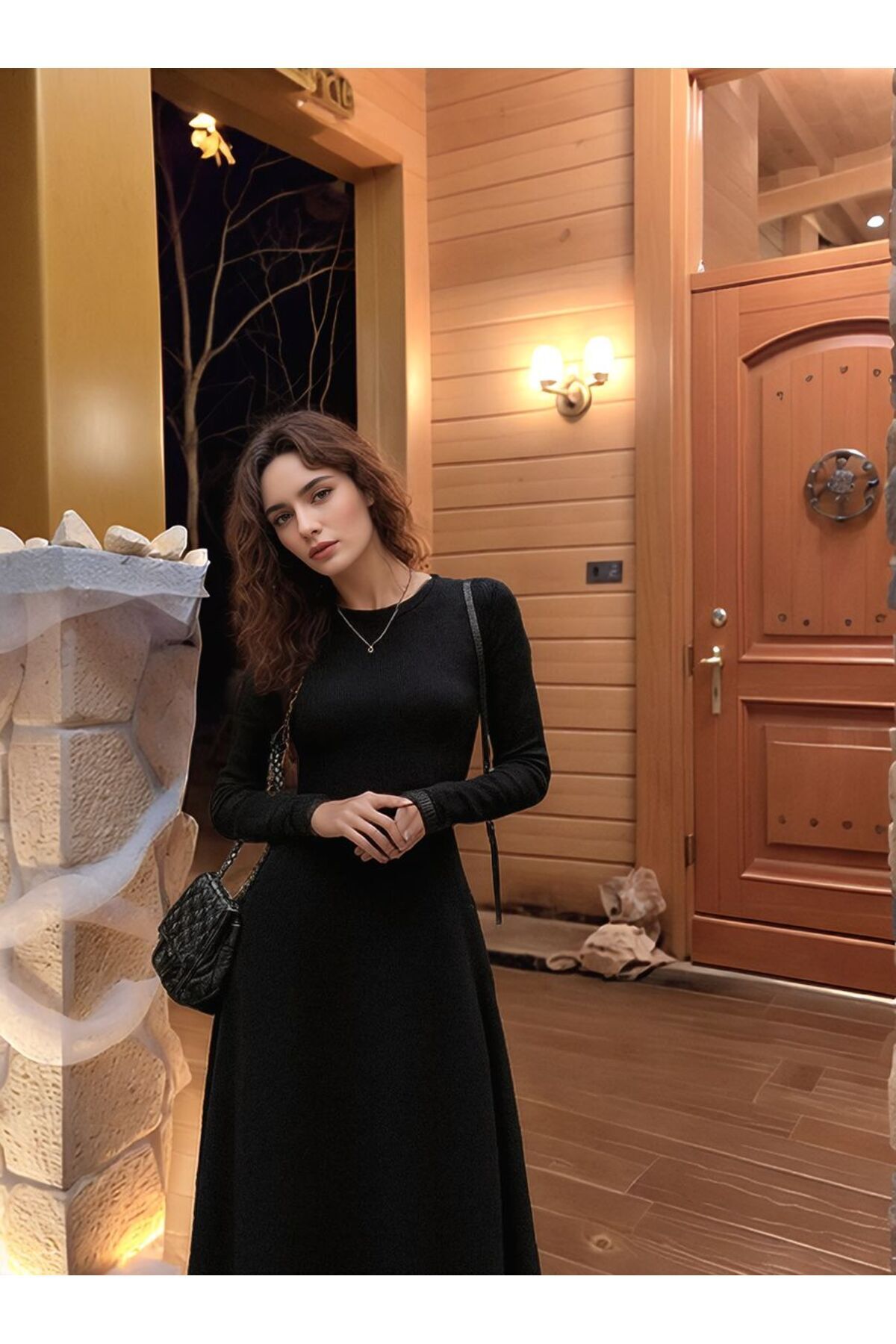 Uzun kollu Likralı Vücudu Saran A kesim Siyah Kadın Elbise, Maxi Elbise
