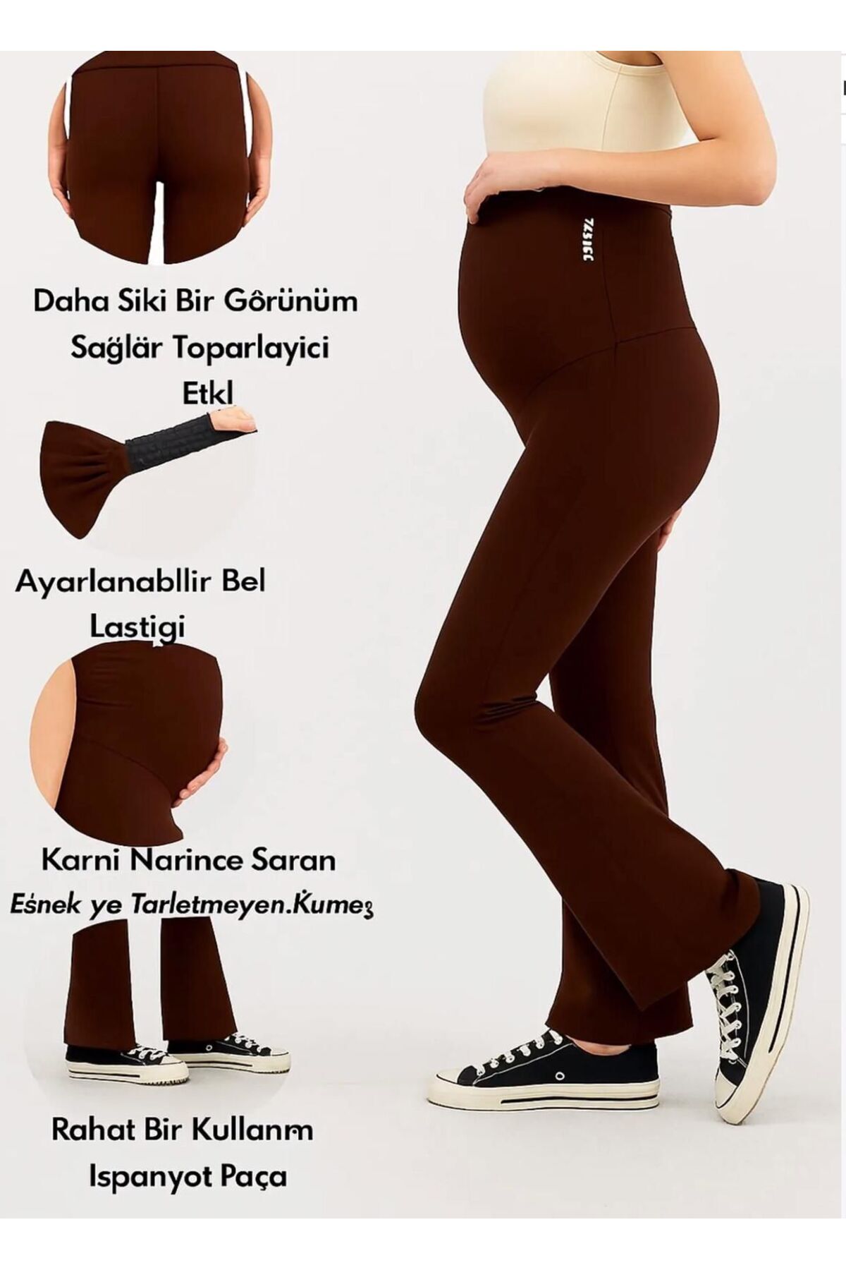 İspanyol Paça Ayarlanabilir Yüksek Bel Esnek Toparlayıcı Ve Sıkılaştırıcı Hamile Tayt Kahverengi