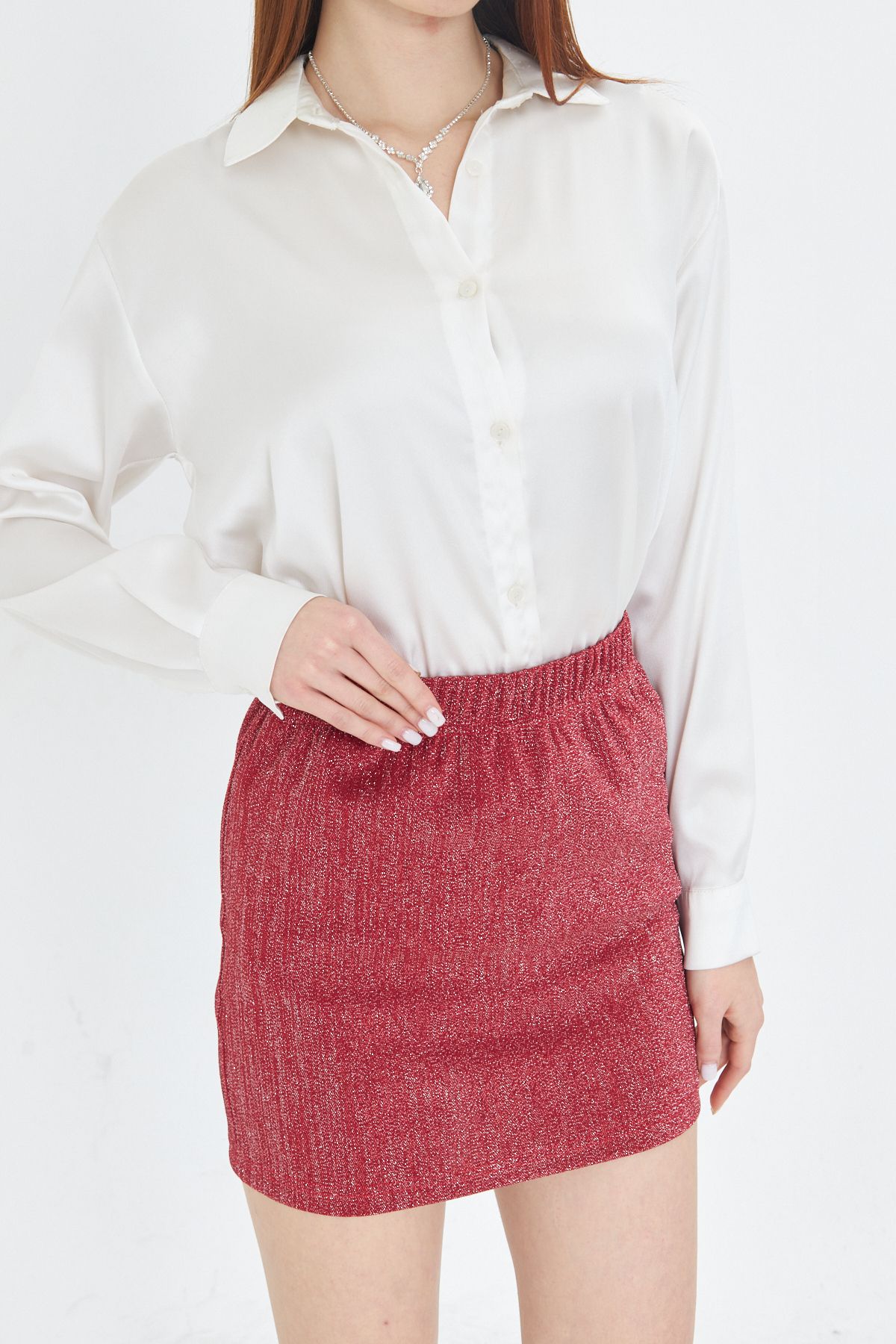 Yüksel Bel Simli Mini Kalem Etek