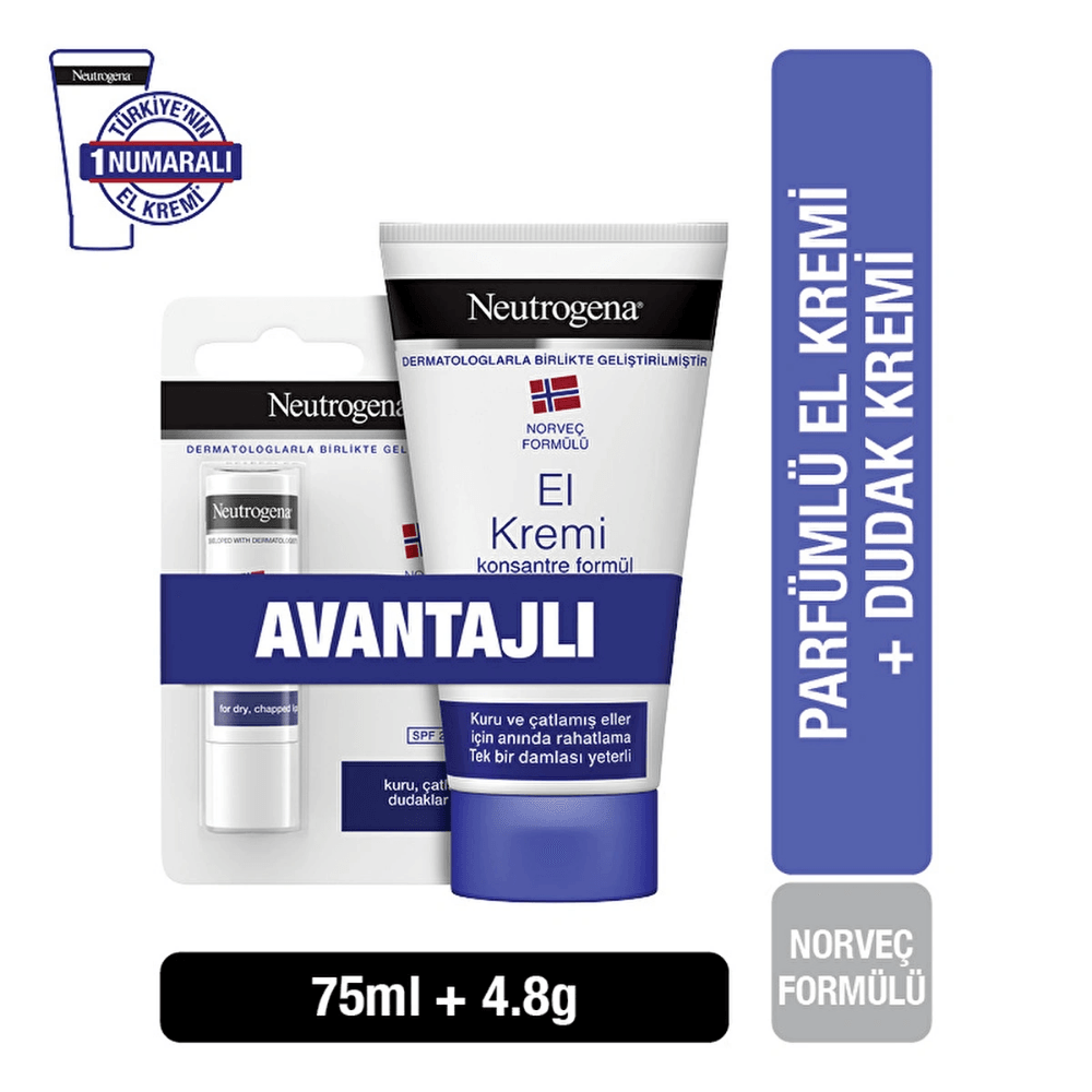 Neutrogena Norveç Formülü Parfümlü El Kremi 75 ml + Besleyici Dudak Nemlendiricisi 4.8 gr