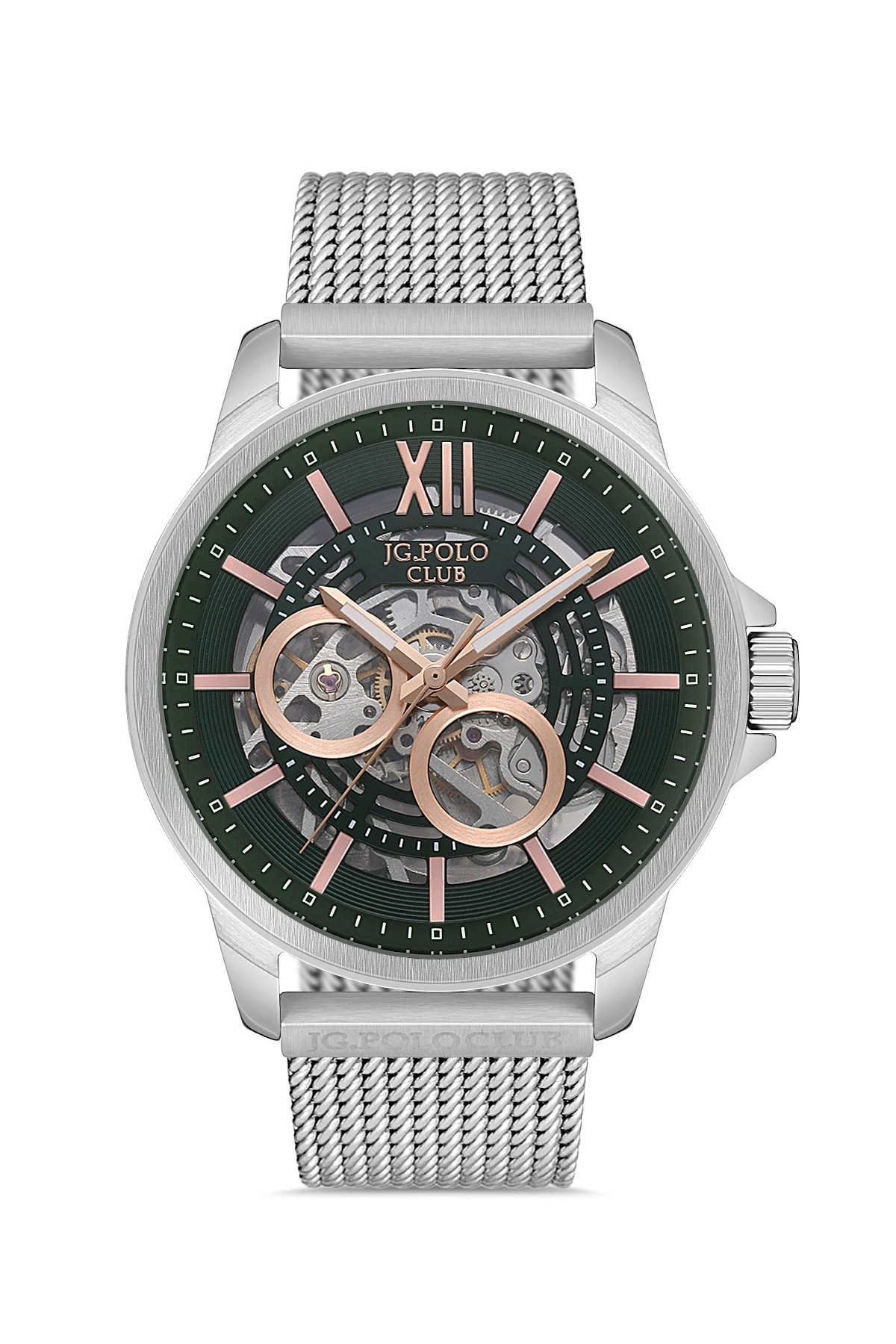 JPC.S03954M JG POLO CLUB Otomatik Erkek Kol Saati - gümüş hasır-rose gold yeşil