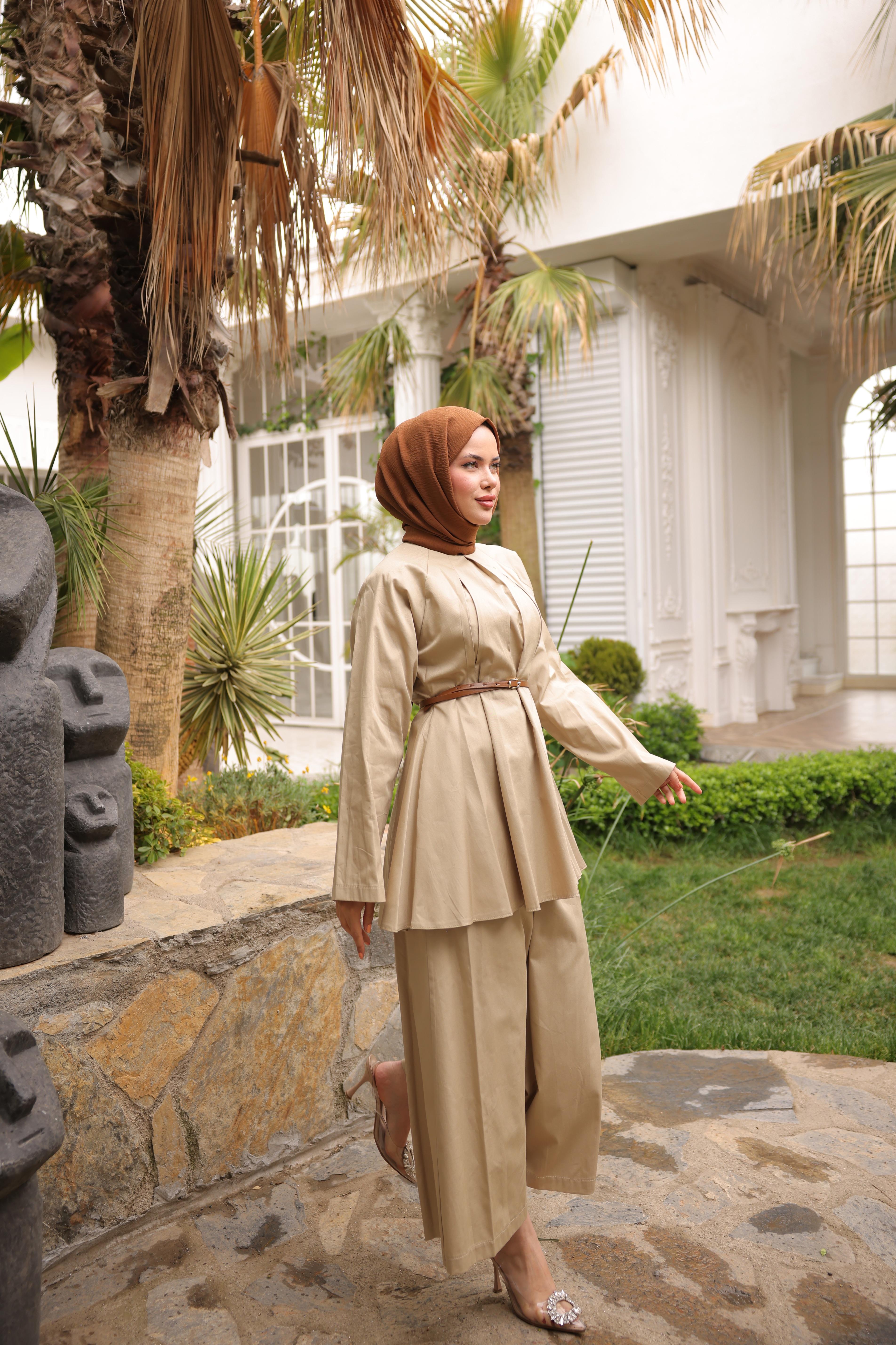 Gabardin Pantolon Takım Kemerli Tunik