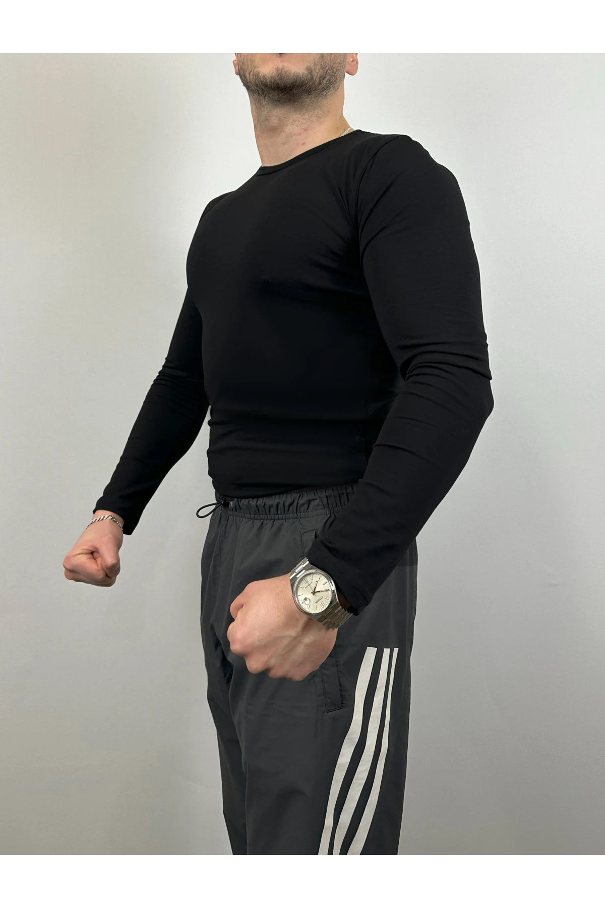 Düz Siyah Pamuklu Likralı Uzun Kollu Body (Badi)