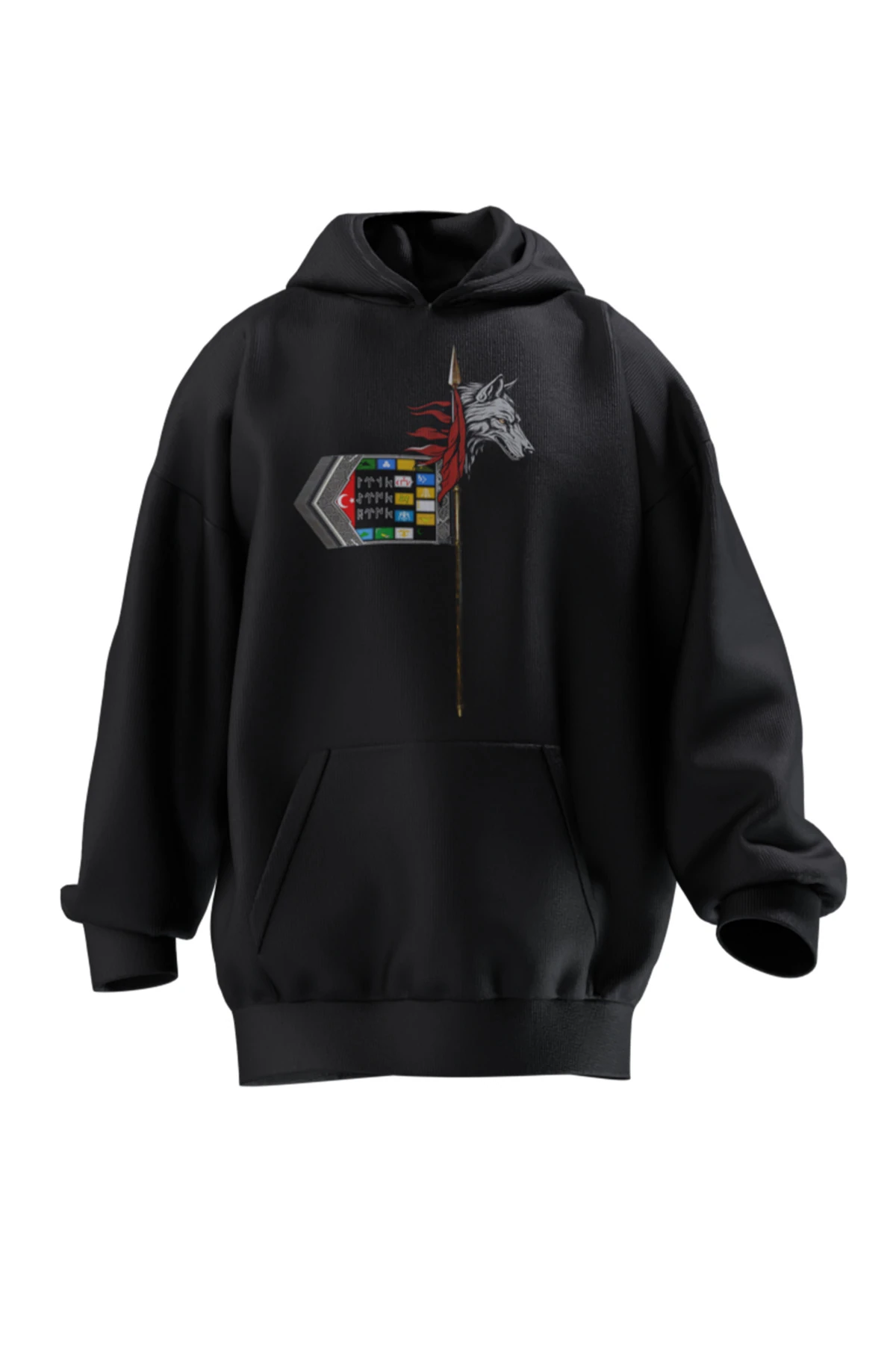 Kurt Başlı Tuğ Tasarımlı Unisex Rahat Kalıp Hoodie