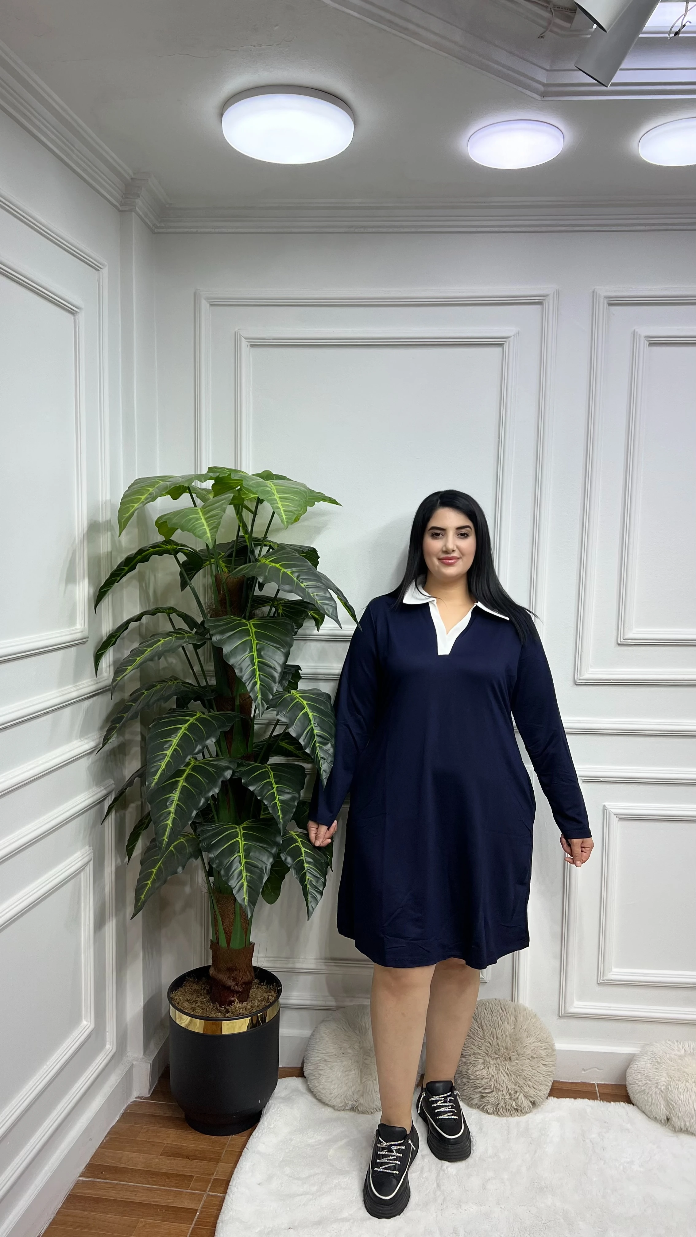 Büyük Beden Uzun Kollu Polo Yaka Elbise - Lacivert