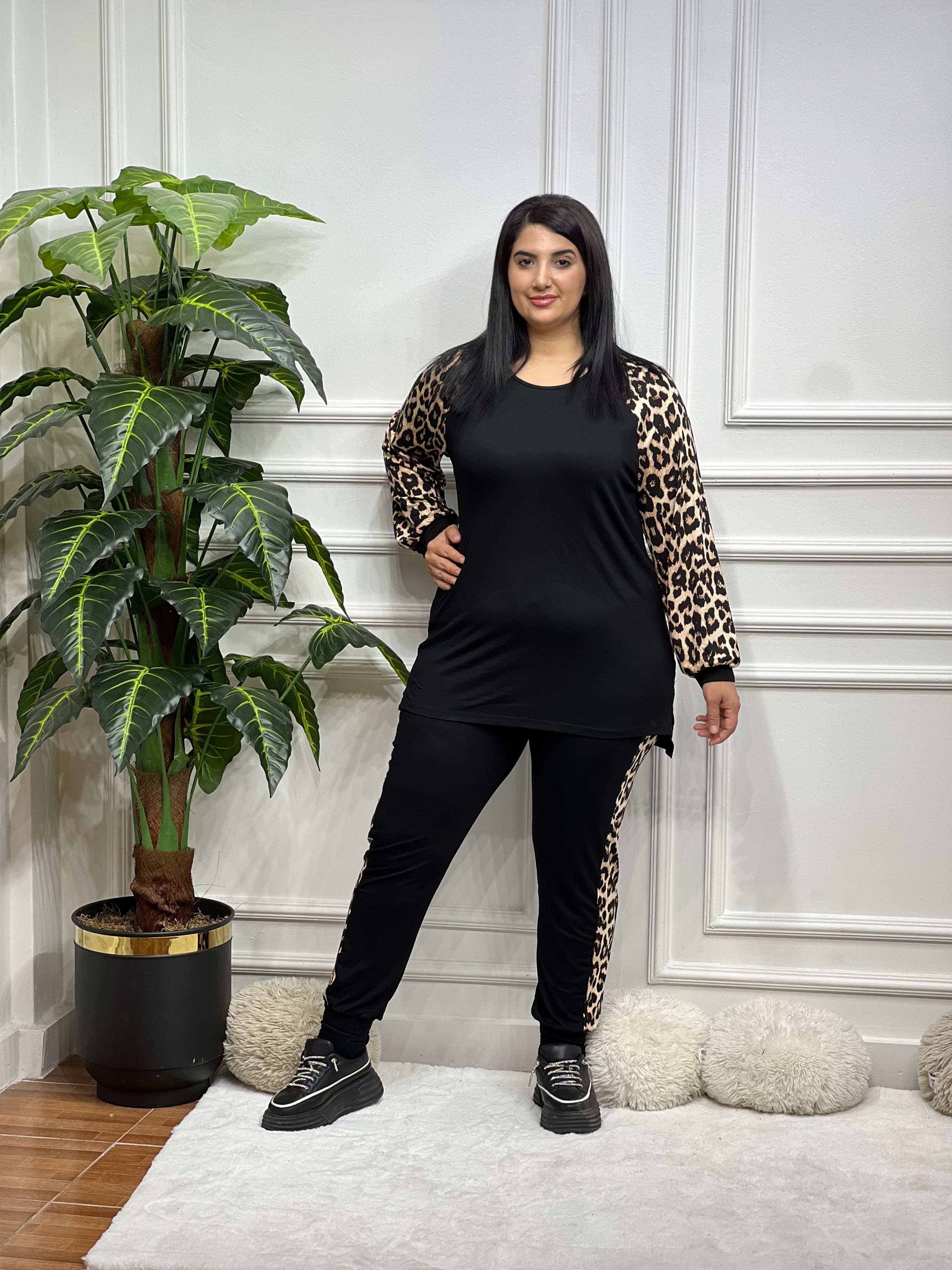Büyük Beden Lena Takım - Siyah Leopar Desen