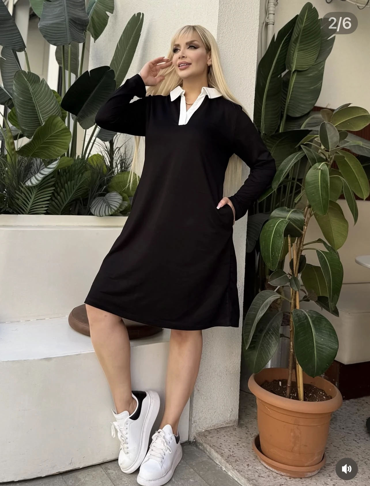 Büyük Beden Uzun Kollu Polo Yaka Elbise - Siyah