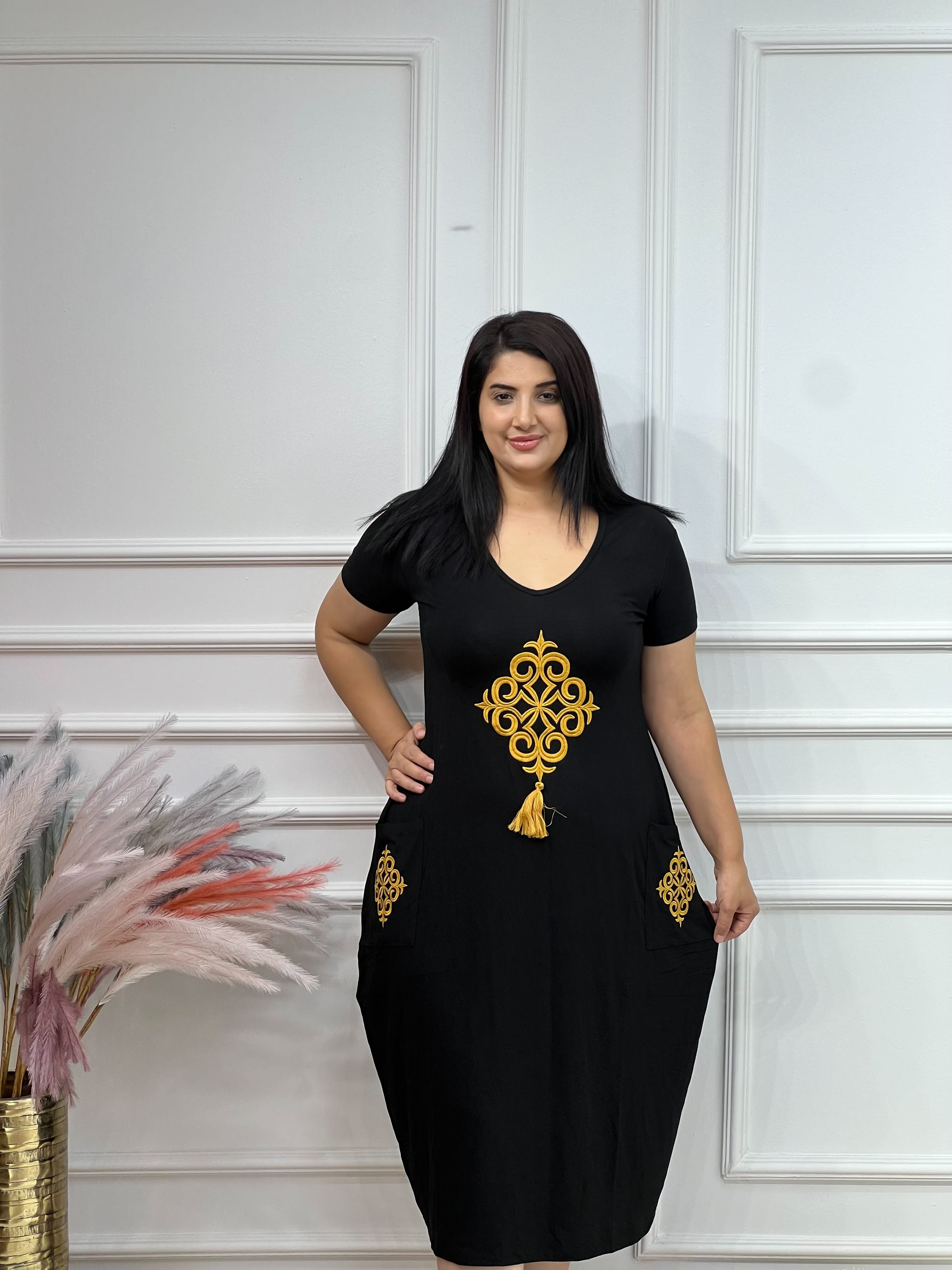 Hardal Sarı Nakışlı Elbise