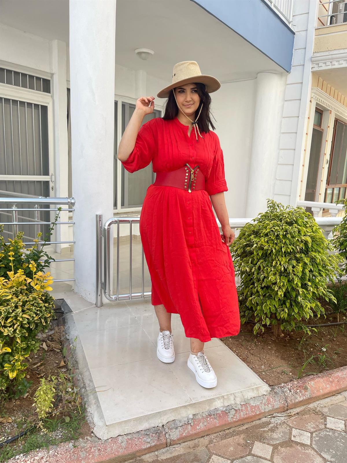 Kırmızı Dugmelı Vıskon Elbıse