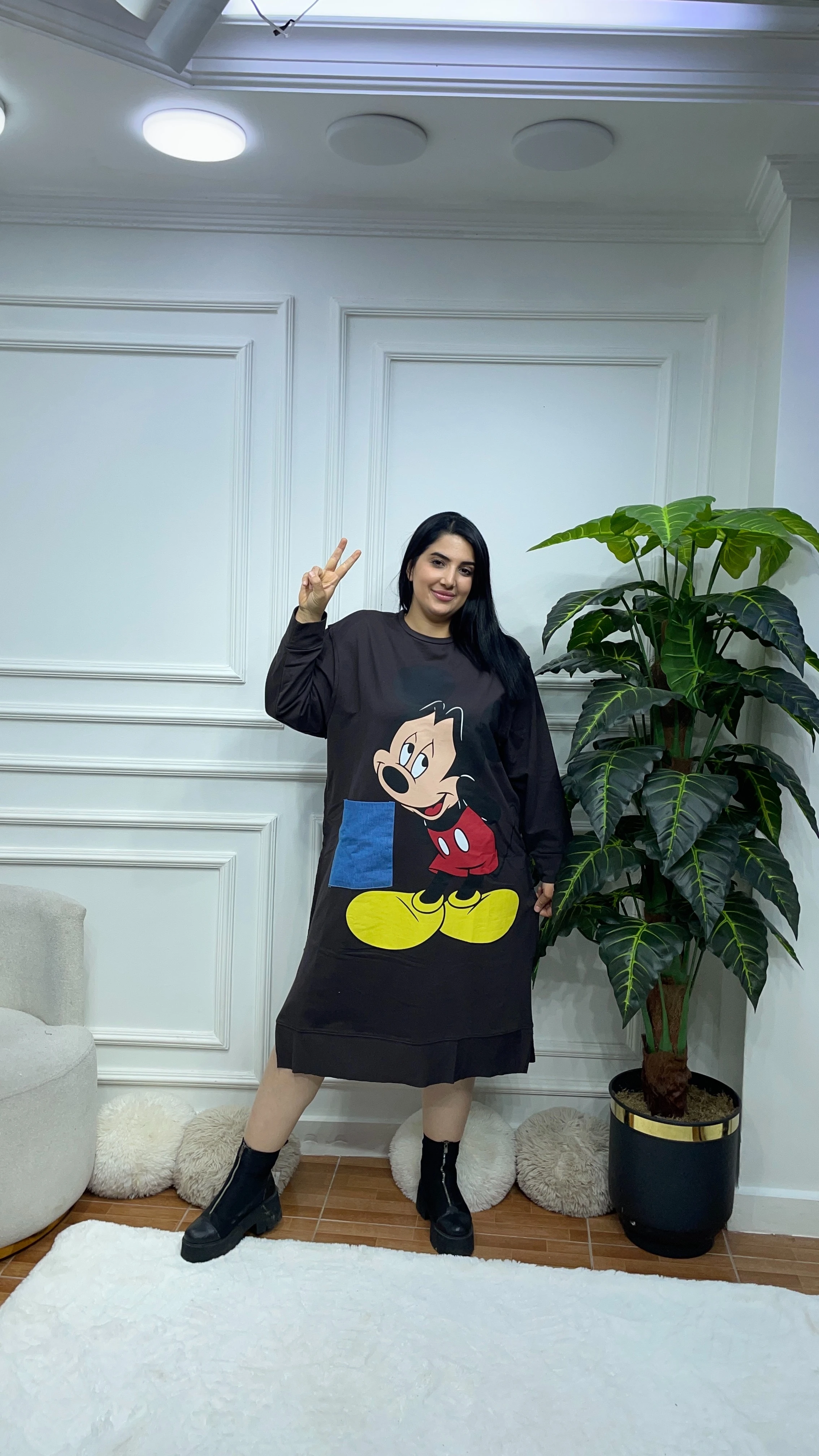 Büyük Beden Mickey Elbise - Acı Kahve