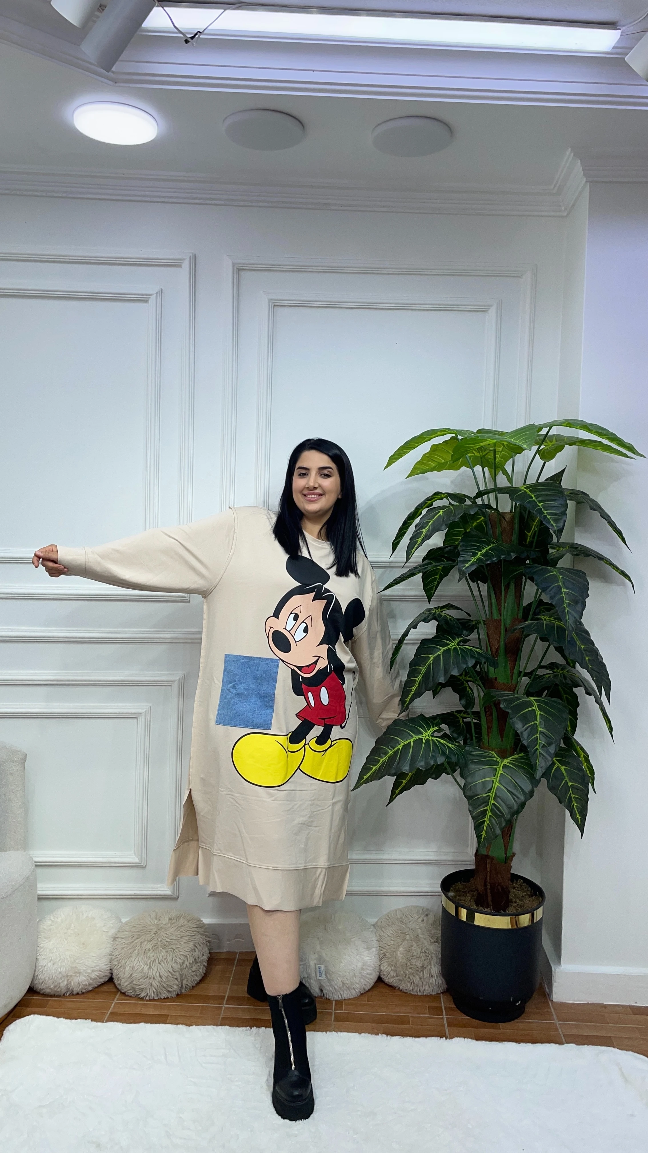 Büyük Beden Mickey Elbise - Krem