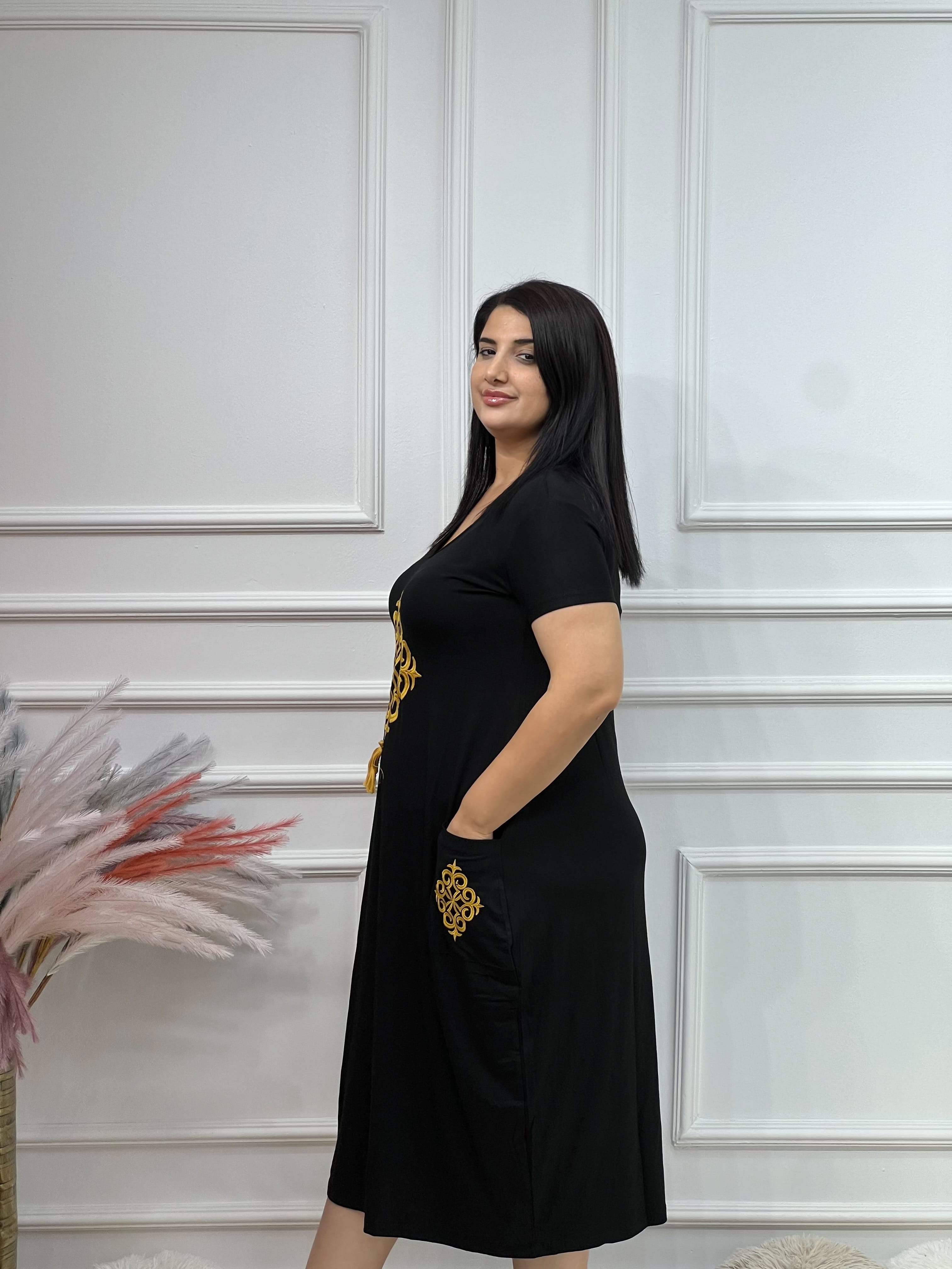Hardal Sarı Nakışlı Elbise