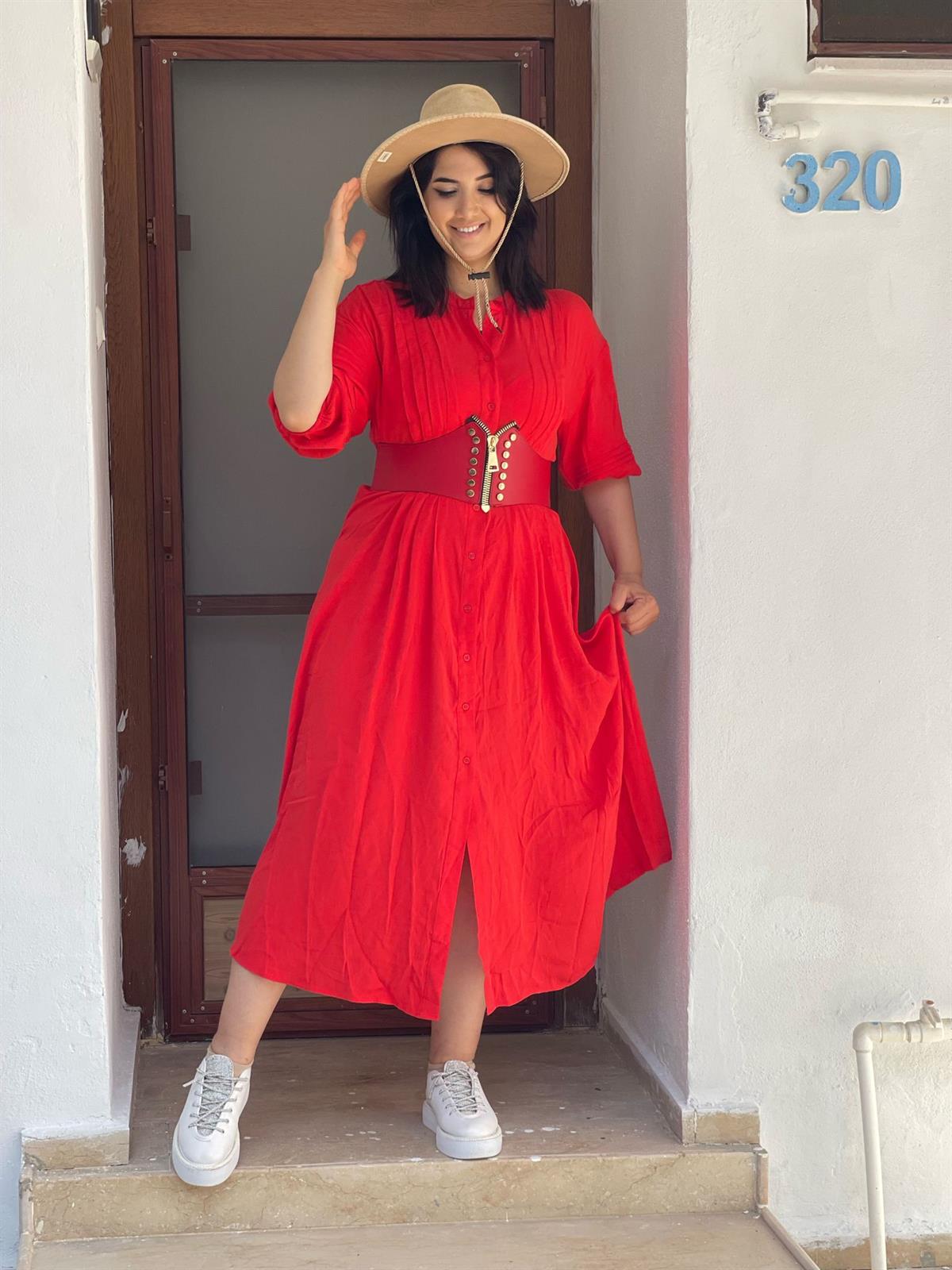 Kırmızı Dugmelı Vıskon Elbıse