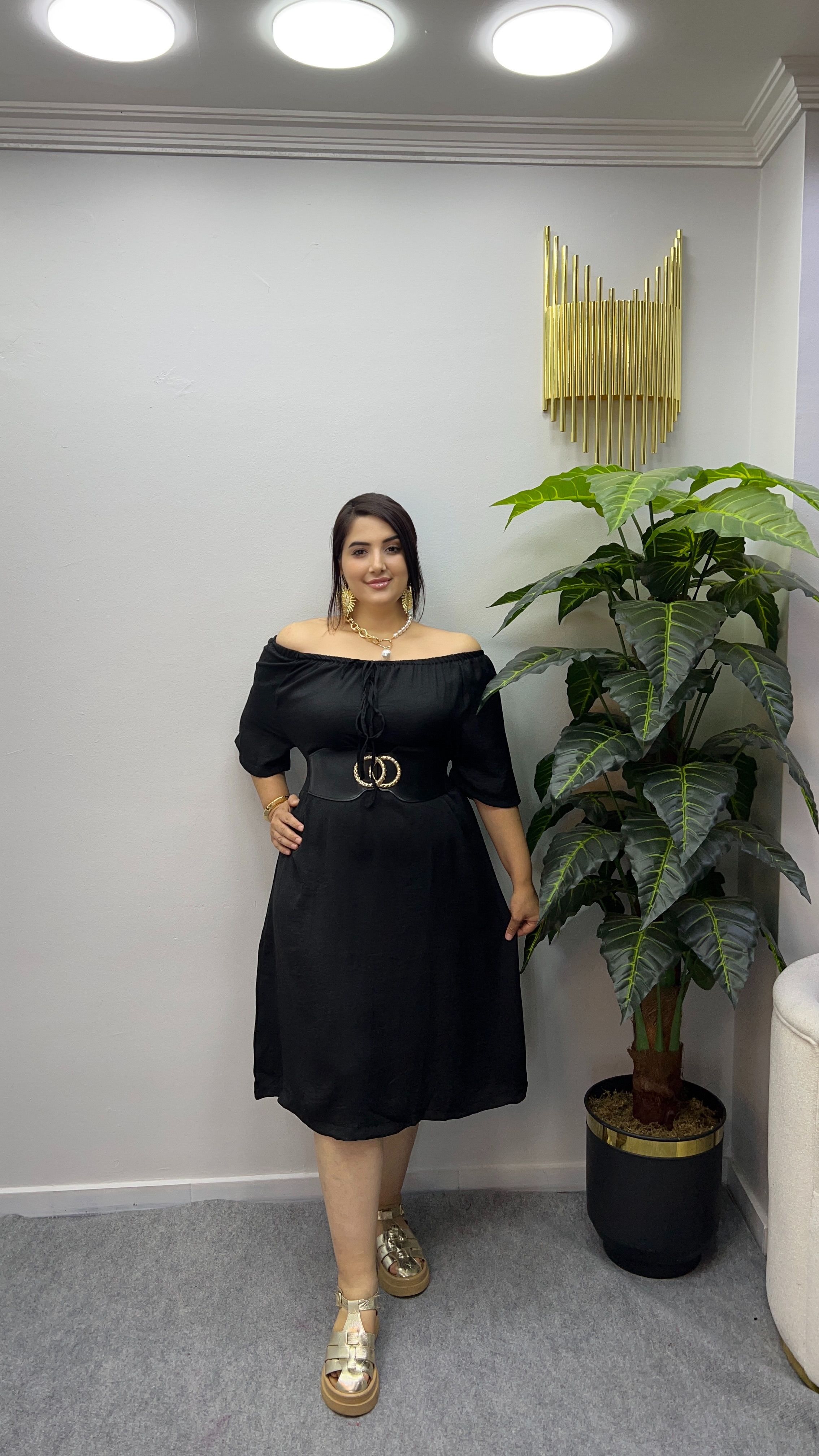 Ayrobin Keten Elbise - Siyah