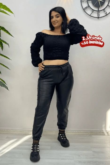 Siyah Büyük Beden Deri Pantolon
