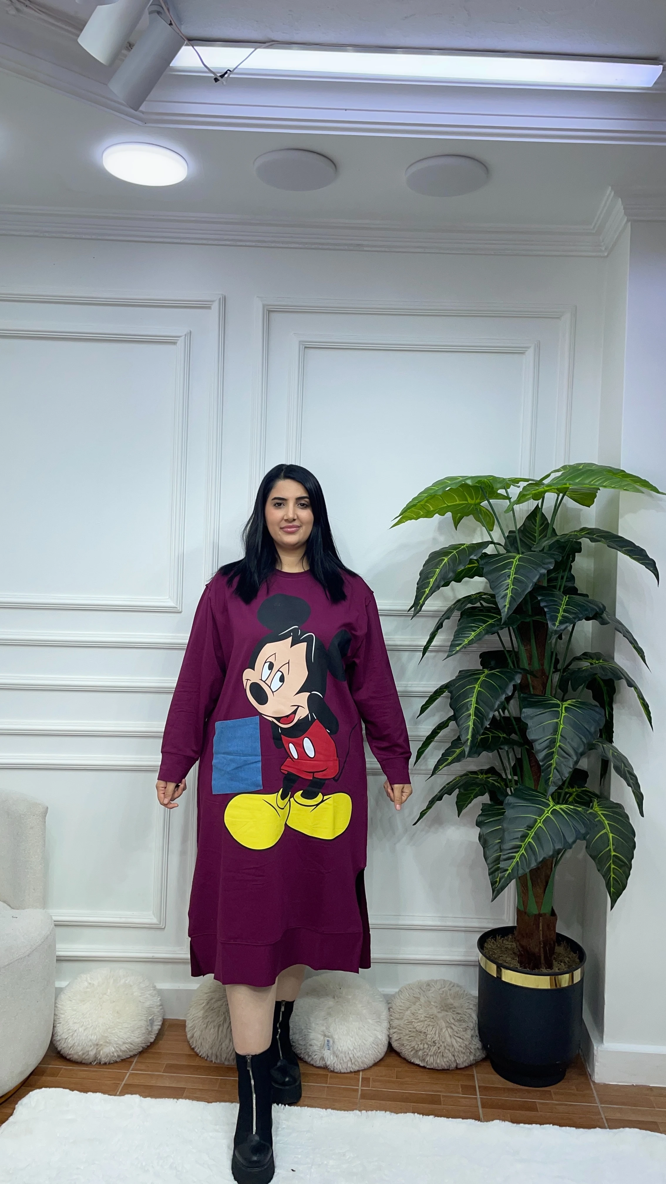 Büyük Beden Mickey Elbise - Mürdüm