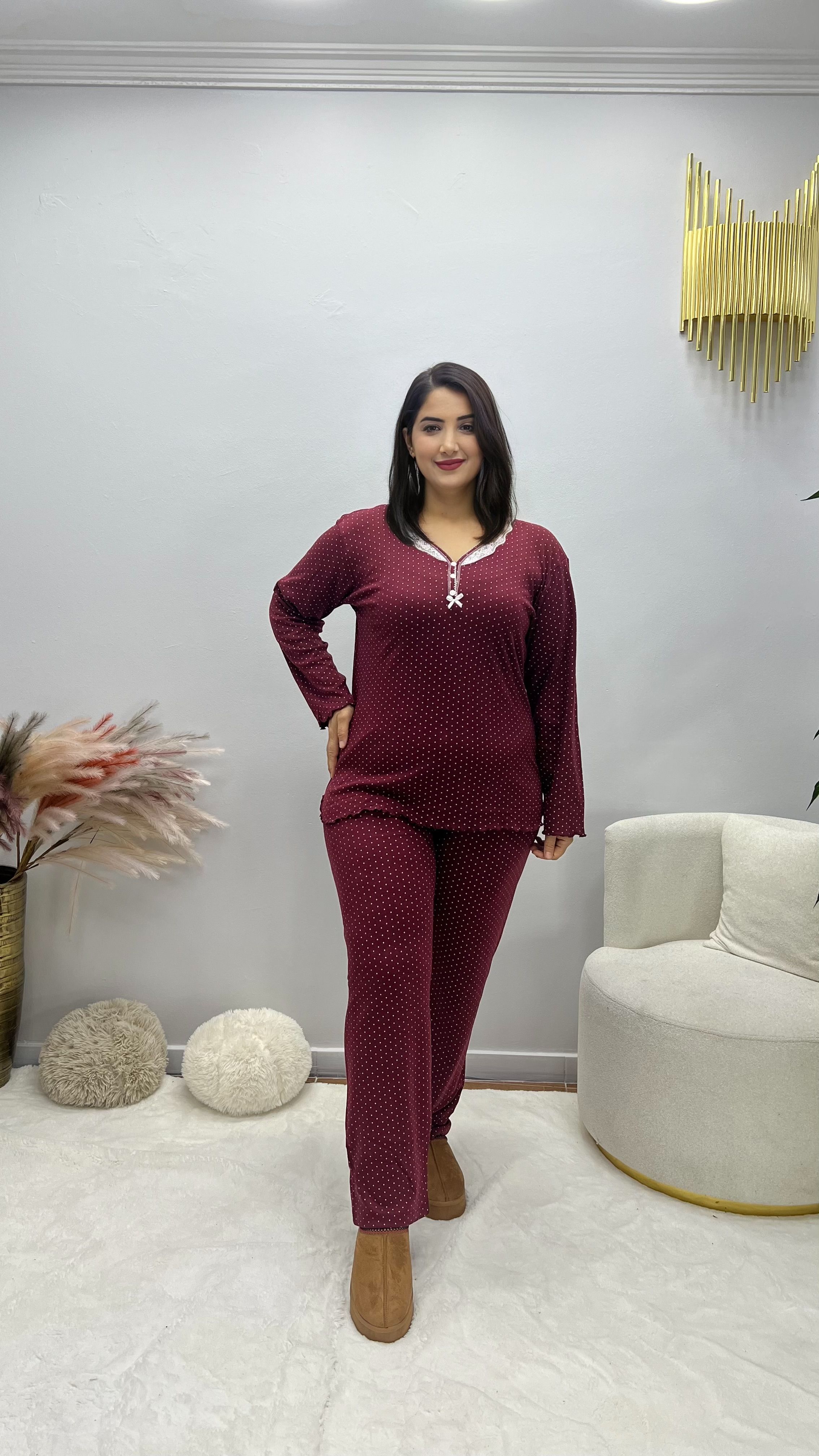 Büyük Beden Monalisa Pijama Takımı - Bordo