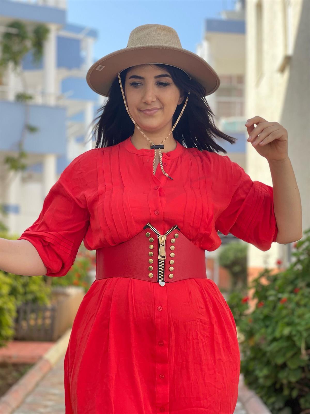 Kırmızı Dugmelı Vıskon Elbıse