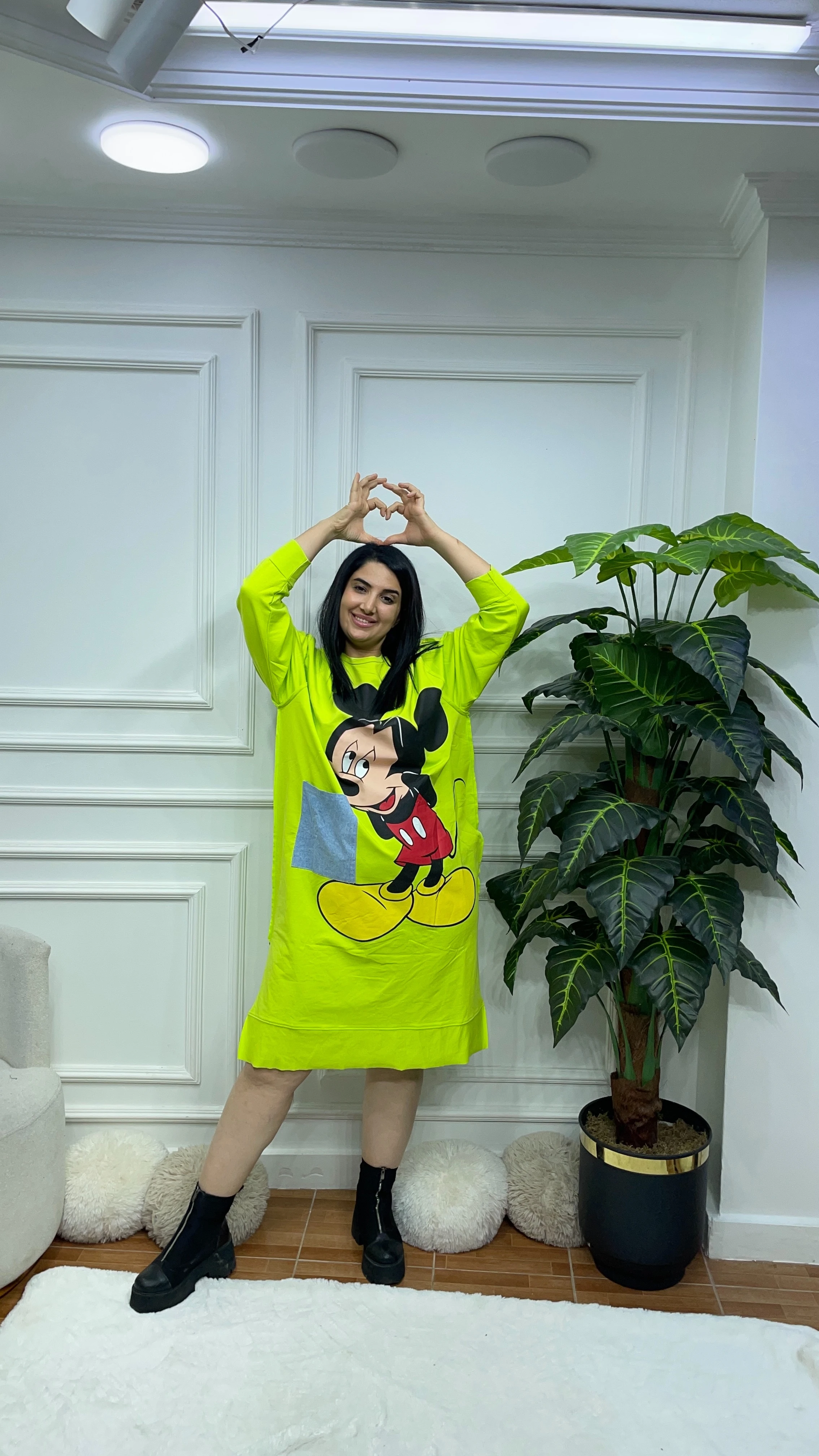 Büyük Beden Mickey Elbise - Neon Yeşil