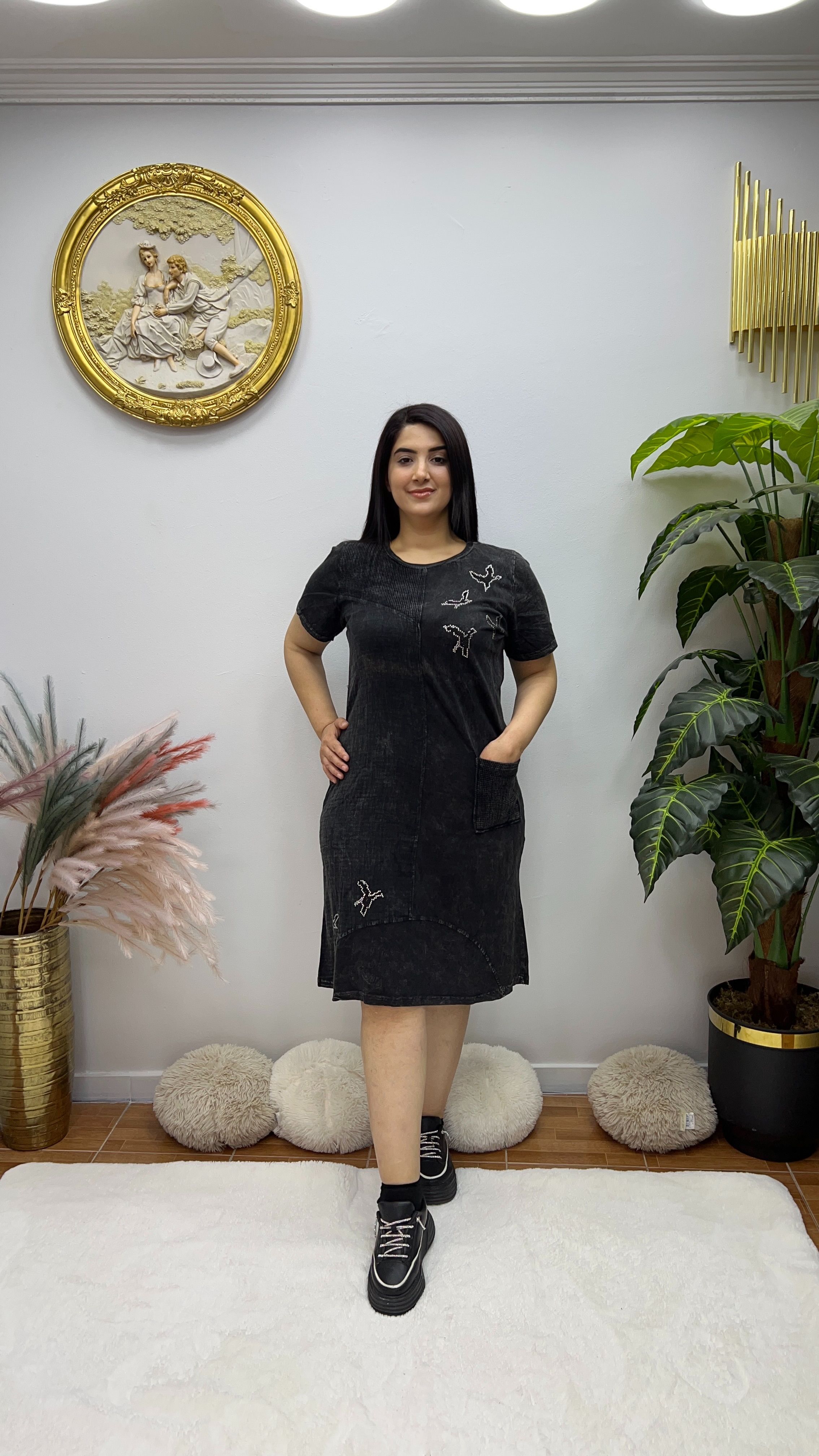 Kot Rengi Penye Elbise - Siyah