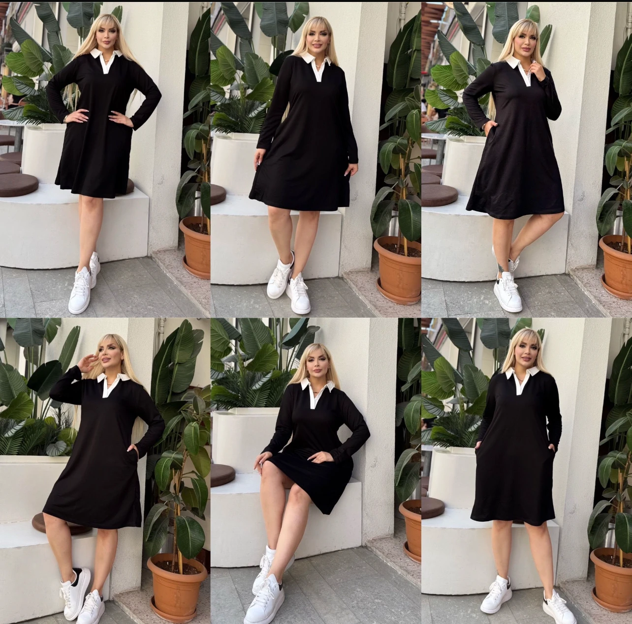 Büyük Beden Uzun Kollu Polo Yaka Elbise