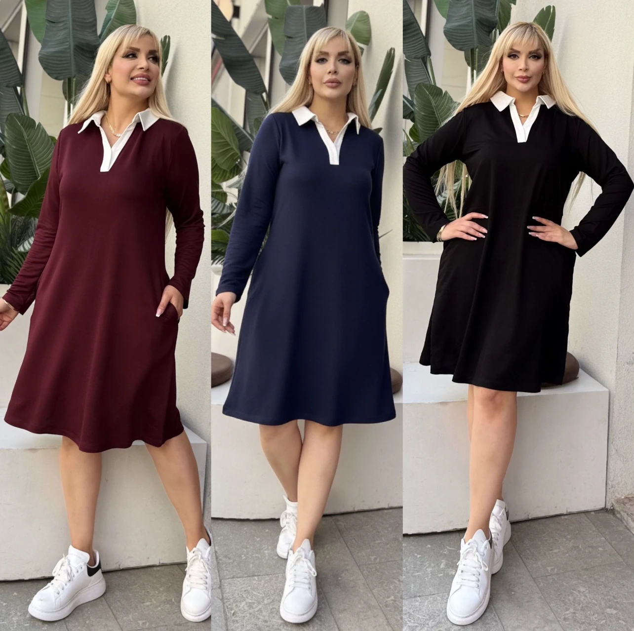 Büyük Beden Uzun Kollu Polo Yaka Elbise